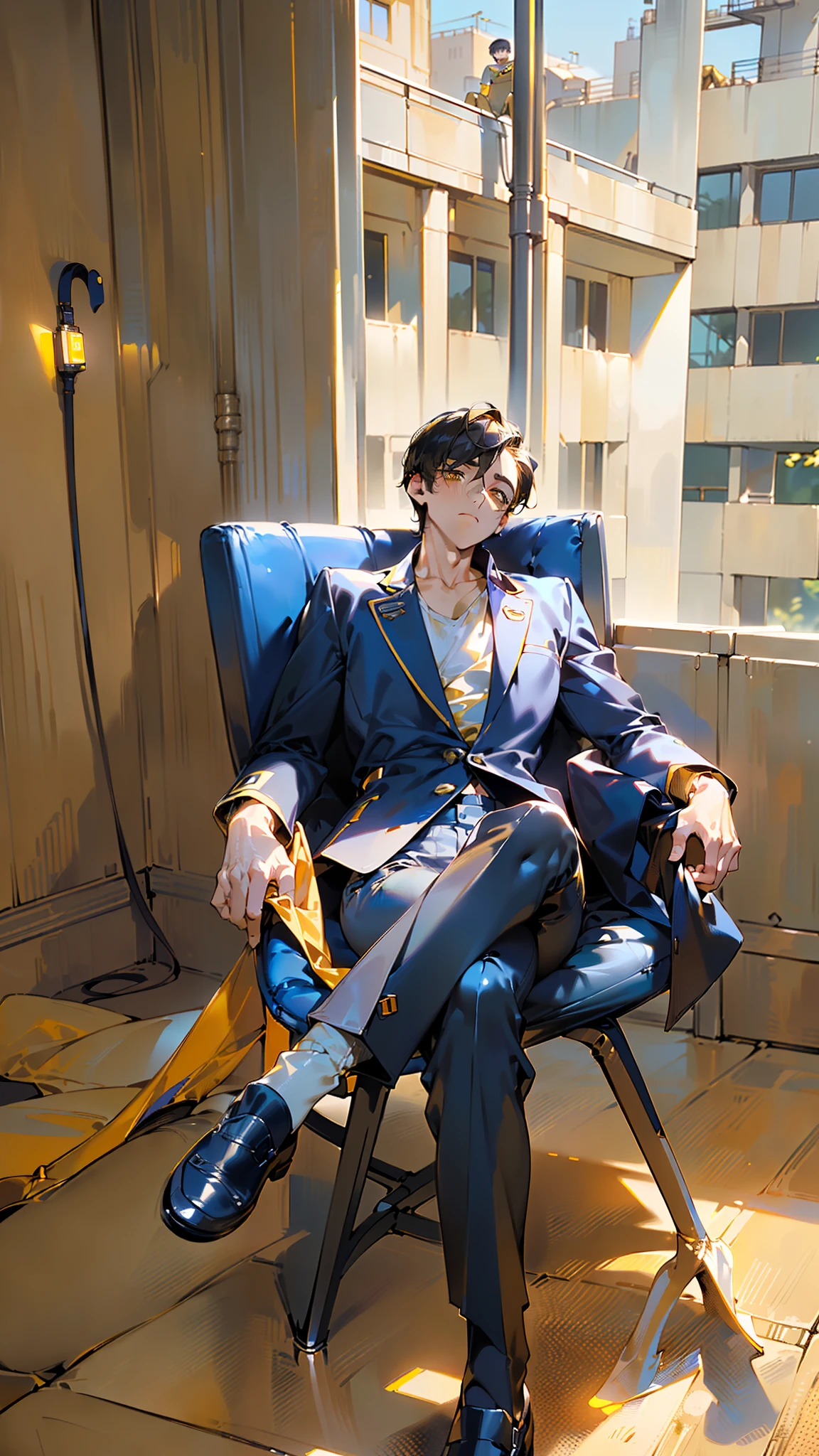 masterpiece, best quality, ultra realistic, photorealistic, high quality, human, handsome male, (((solo))), (male focus), mature, (black short hair), slim, ((yellow pupils)), front view, (clothing, (topwear: (( navy suit), (white t-shirt)), bottomwear:(pants: navy), sitting, detailed clothing, tall, smiling, mafia, (detailed background)