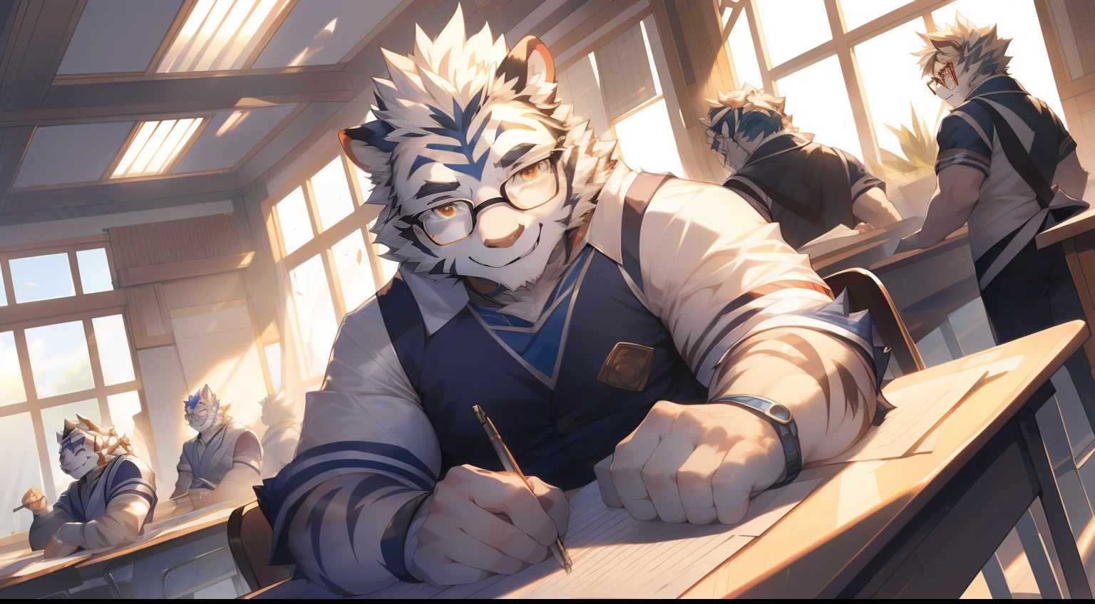 (by null-ghost, by thebigslick, By Darkgem, by Honovy), Kogenta (Onmyoji Oyamaji Temple), high high quality, Anthropomorphic white tiger, male people, 18yr old, Thick eyebrows, White fur, Strong body, large pecs, Red student uniform, wearing black rimmed glasses, sitting in classroom，Sunlight shines through the windows，white curtain，smiling expression，Be red in the face，Golden pupils，Clear facial features，looking toward the viewer, Strong，Solo，Bottom-up perspective，Full body photo，Exam papers，papelaria，Green potted plants，High-tech classrooms