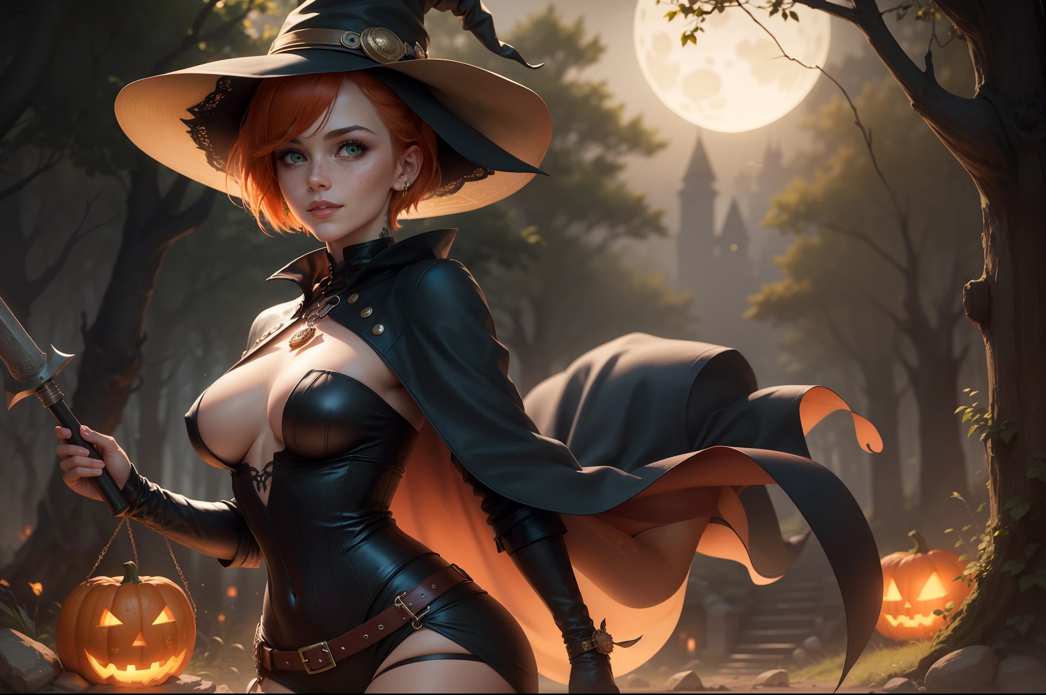 gwen tennyson,tracer,bulma,rebecca chambers,nier automata,solo girl,close up, moonlight,witch costume,gold neck jewelry,body tattoos,short hair, witch hat,long sleeve top,gothic dress,holding a wand,pumpkin village,witch cape,halloween forest, gold,amulets,glowing cauldron,gothic piercings,green eyes,orange hair,shy smile,freckles,redhead,beautiful girl, large breasts,thigh high boots,ultra detailed,realistic,fantasy art,