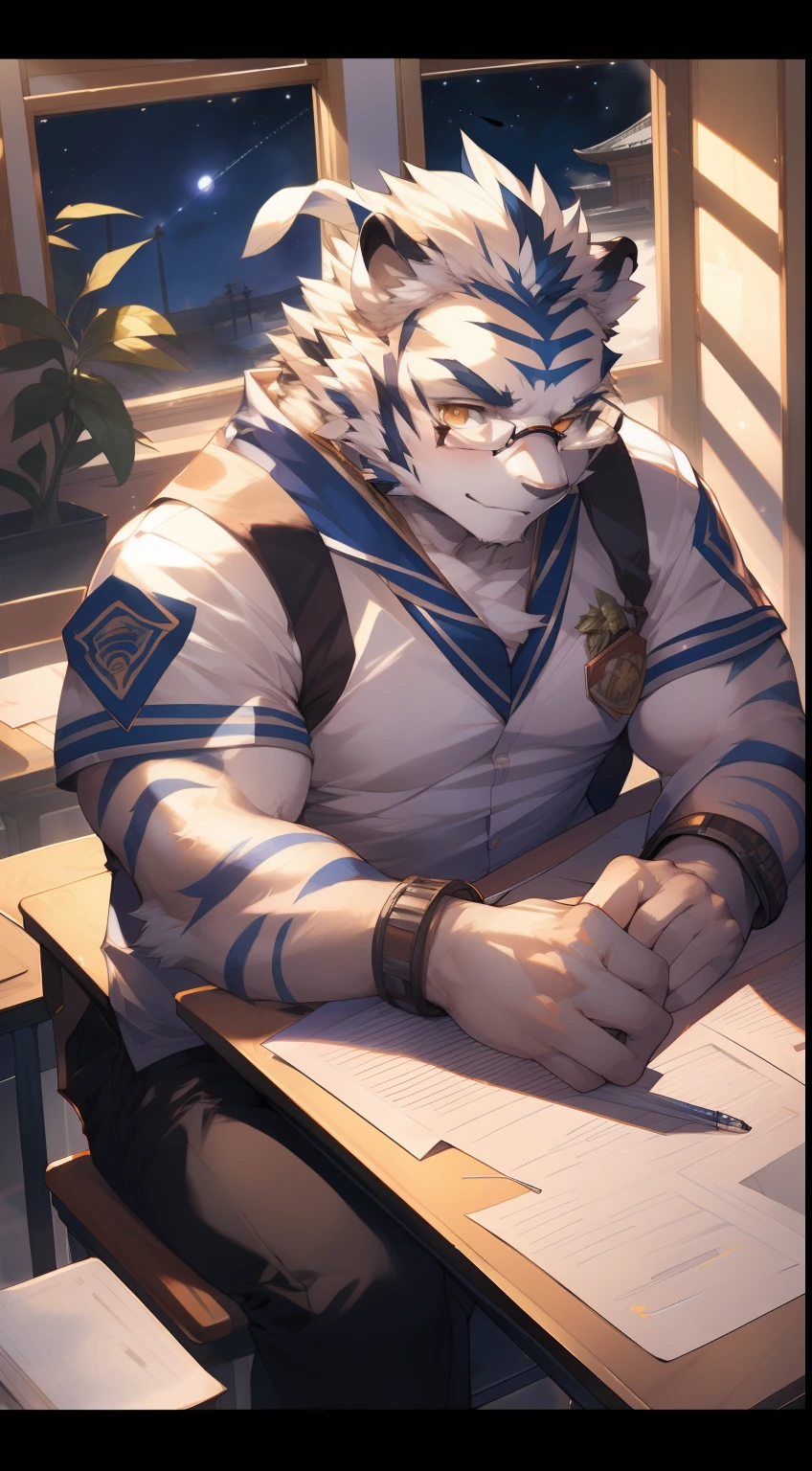 (by null-ghost, by thebigslick, By Darkgem, by Honovy), Kogenta (Onmyoji Oyamaji Temple), high high quality, Anthropomorphic white tiger, male people, 18yr old, Thick eyebrows, White fur, Strong body, large pecs, White student uniform, wears glasses, sitting in classroom,Starry sky outside the window,the night,serious expressions,Be red in the face,Golden pupils,Clear facial features,looking toward the viewer, Strong,Solo,Positive perspective,Full body photo,Exam papers,papelaria,Green potted plants,High-tech classrooms