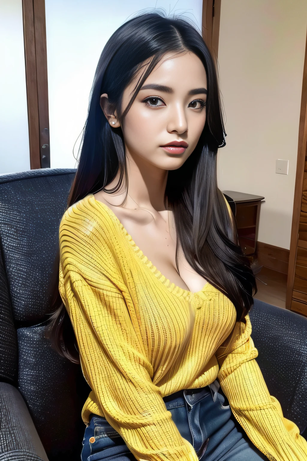 (long black flaxen hair: 1.2), (medium breasts: 1.0), (Medium areola: 0.8), (Realistic: 1.4), (Best Quality: 1.0), (Ultra High Resolution: 1.0), 8K, RAW Photo, (Masterpiece: 0.2), (pureerosface_v1: 0.5), Photo Beautiful Japanese Woman (Sweat: 1.0), (Beauty: 1.1), perfect face, age 28, zoom out, Full body, full body, zoom out, full body, Full body, zoomed out, whole body, long hair, ultrarealistic, perfect skin, long legs, slim waist, perfect hands, perfect fingers, at home cozy, yellow sweater, jeans, sitting on armchair