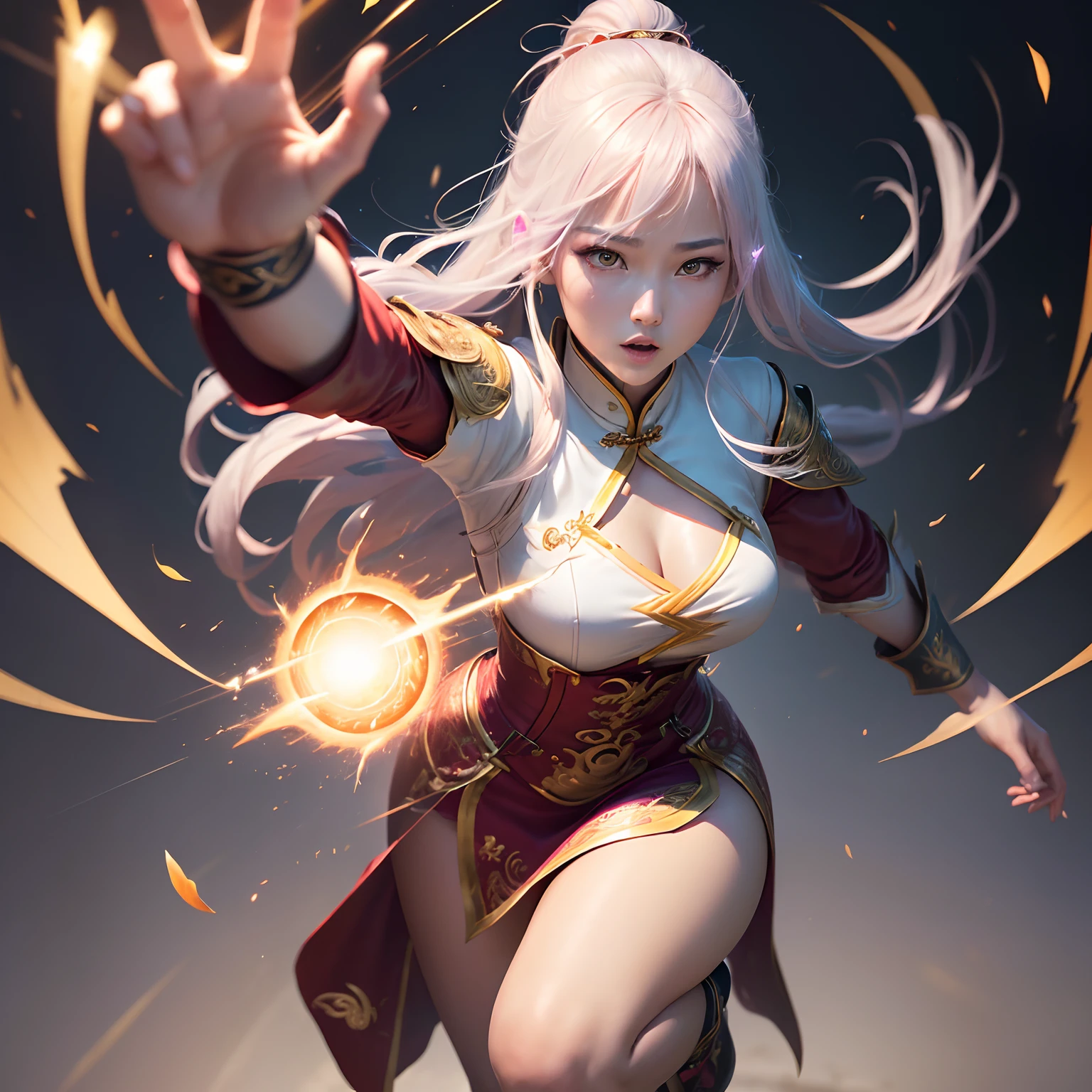 (Best Quality,Ultra-detailed,Realistic:1.37)、Chinese magician attacks with lightning magic、An 18-year-old woman、(Sharp eyes:1.5)、Beautiful face of attractive chinese woman、Chinese Women's Makeup、Aggressive look、Chinese style twin bun hair、Stylish Taoist clothing、(Release lightning from the palm of your hand:1.2)、perfect hand、Muska、Full body