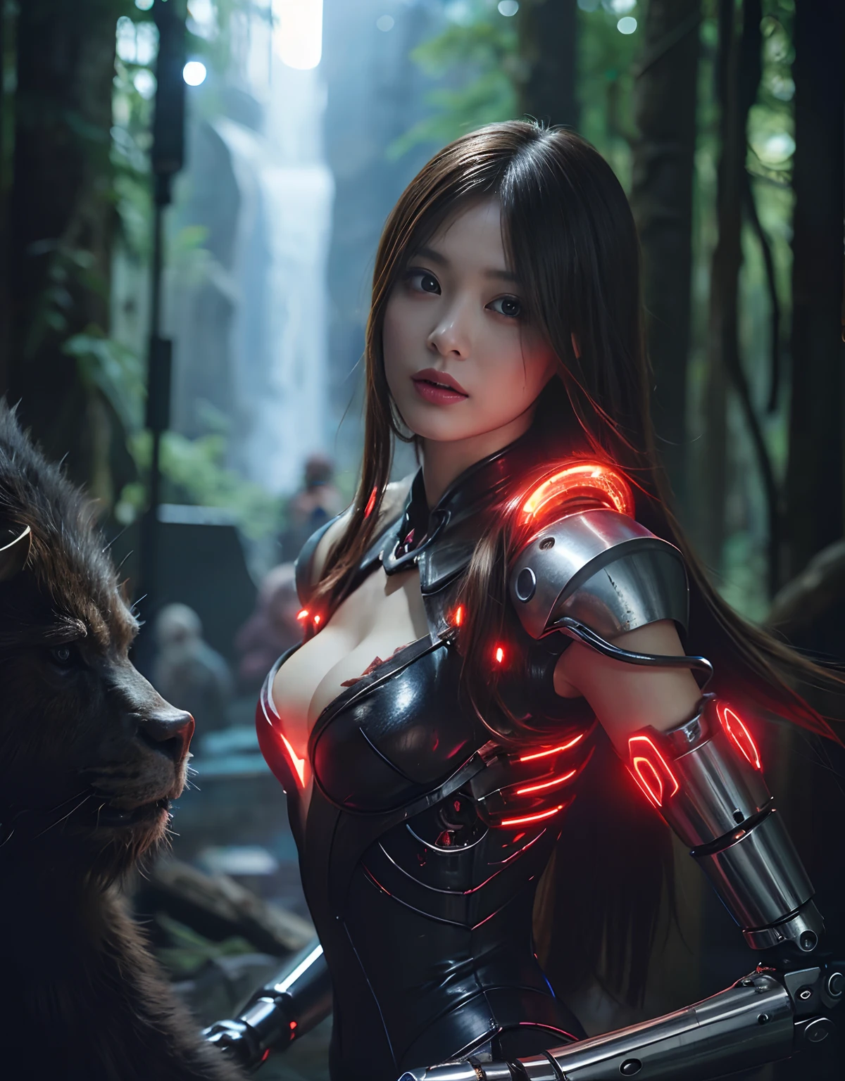 (1 Mechanical Girl)、top-quality、masterpiece、超A high resolution、(Photorealsitic:1.4)、Raw photo、女の子1人、Fight mutants、glowy skin、(((1 Mechanical Girl)))、With a beautiful knife、(Silver Metal Bodysuit)、(Kobold、ogre、Fierce battle with orcs),(Fight fiercely against aliens)、Fight fiercely、(beautiful forest background)、(Fighting Demonic Beasts)、(Small LED)、((super realistic details))、portlate、(Strong giant demon beast background),globalillumination、Shadow、octan render、8K、ultrasharp、Colossal tits、Raw skin is exposed in cleavage、metals、Details of complex ornaments、Japan details、highly intricate detail、Realistic light、(Mystical expression),CGSoation Trends、Red Eyes、radiant eyes、Facing the camera、neon details、(Mechanical limbs)、(blood vessels connected to tubes)、Mechanical vertebrae attached to the back、mechanical cervical attaching to neck、(Wires and cables connecting to the head)、Gundam、Small LED、,Mechanical thighs、Toostock、(Hands are also made of machines)、(Attack of the Monster Beasts)、(Wounded in a deadly battle)、