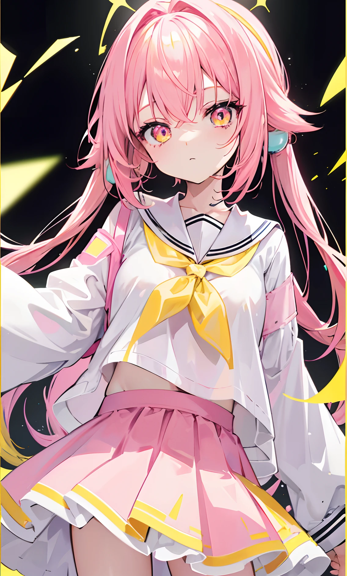 Glowing light pink yellow with hair and pupils，They are also fluorescent，A school uniform in a glowing pink, yellow and white color，Very tender and shiny face，It also fluoresces，The whole is shining，It's a sweet loli girl