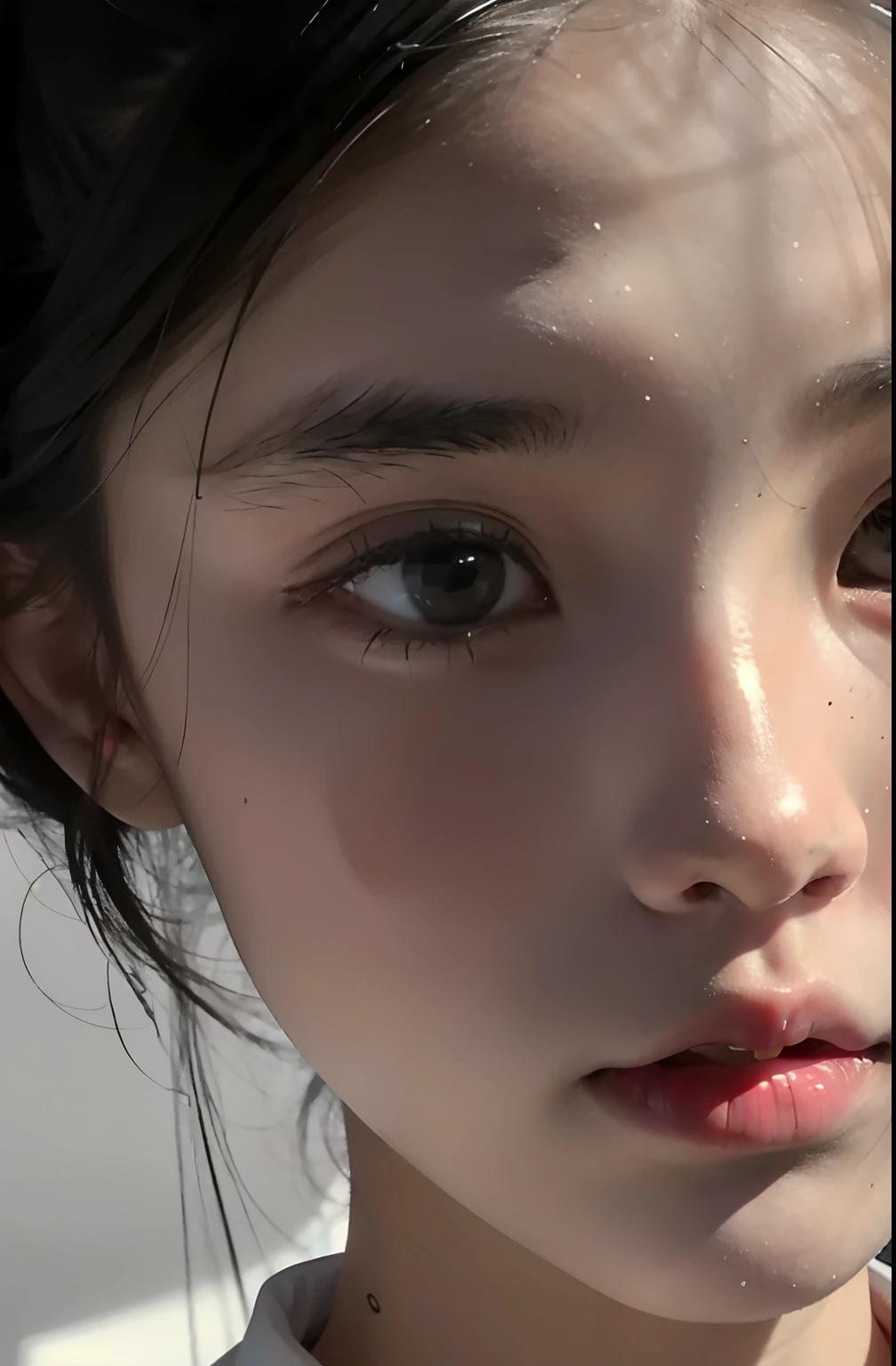 1girll,Light shines on the face, rosy lips, topknot, glowing eyes, hair bun, Surrealism, close-up, Sony FE GM, polar opposites, symmetry, UHD, masterpiece, super detail, high details, highres