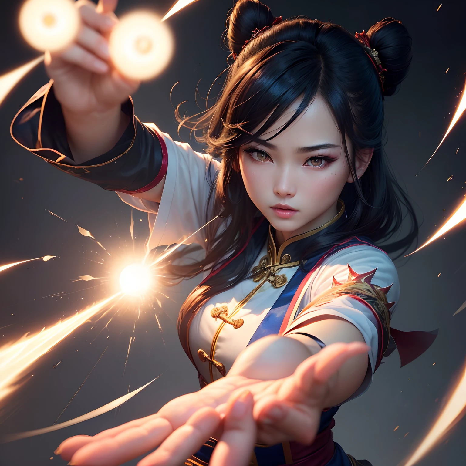 (Best Quality,Ultra-detailed,Realistic:1.37)、Chinese magician attacks with lightning magic、An 18-year-old woman、(Sharp eyes:1.5)、Beautiful face of attractive chinese woman、Chinese Women's Makeup、Aggressive look、Chinese style twin bun hair、Stylish Taoist clothing、(Shoot lightning from the palm of your hand:1.2)、perfect hand、Muska、Full body