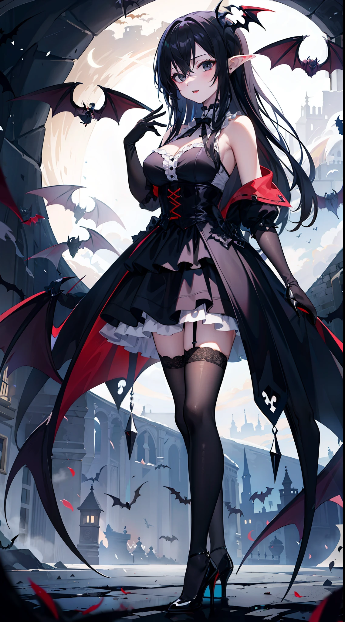 masterpiece, best quality, ultra-detailed,
1girl, beautiful girl,full body ,dark night,bats,
cute, petite，evil spirit,Vampire,queen，
standing,Cold and heartless,off Shoulder,pitiless eyes，black eyes,
long hair, black hair, big breasts,
Gothic Lolita,black sleeveless dress,black elbow-length gloves,black thighhighs,black high heels,