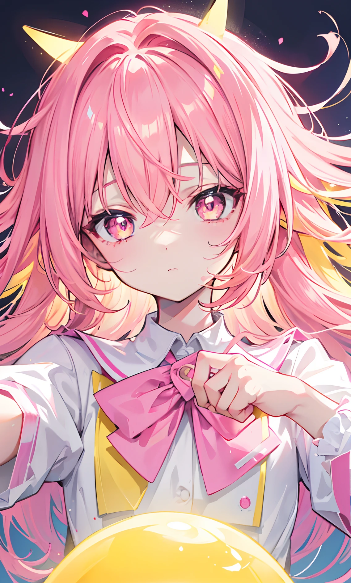 Glowing light pink yellow with hair and pupils,They are also fluorescent,A school uniform in a glowing pink, yellow and white color,Very tender and shiny face,It also fluoresces,The whole is shining,It's a sweet loli girl