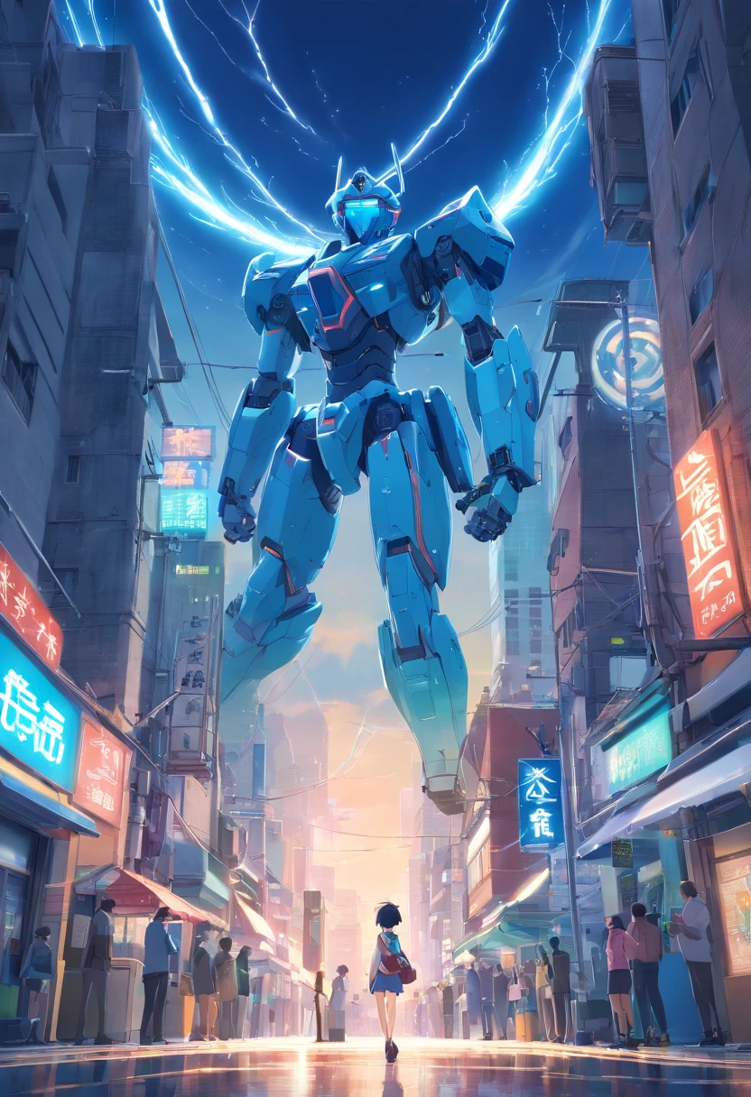 (masutepiece, Best Quality), intricate detailes, Photo, Realistic, Unreal Engine, Gray chrome and blue chrome mech, helmets, armor, 机器人, new, Cyberpunk Warehouse, Computer terminals, Arc Electric, SP3CT4, Dark atmosphere, light, Summit of Mt, city, Thunder and lightning