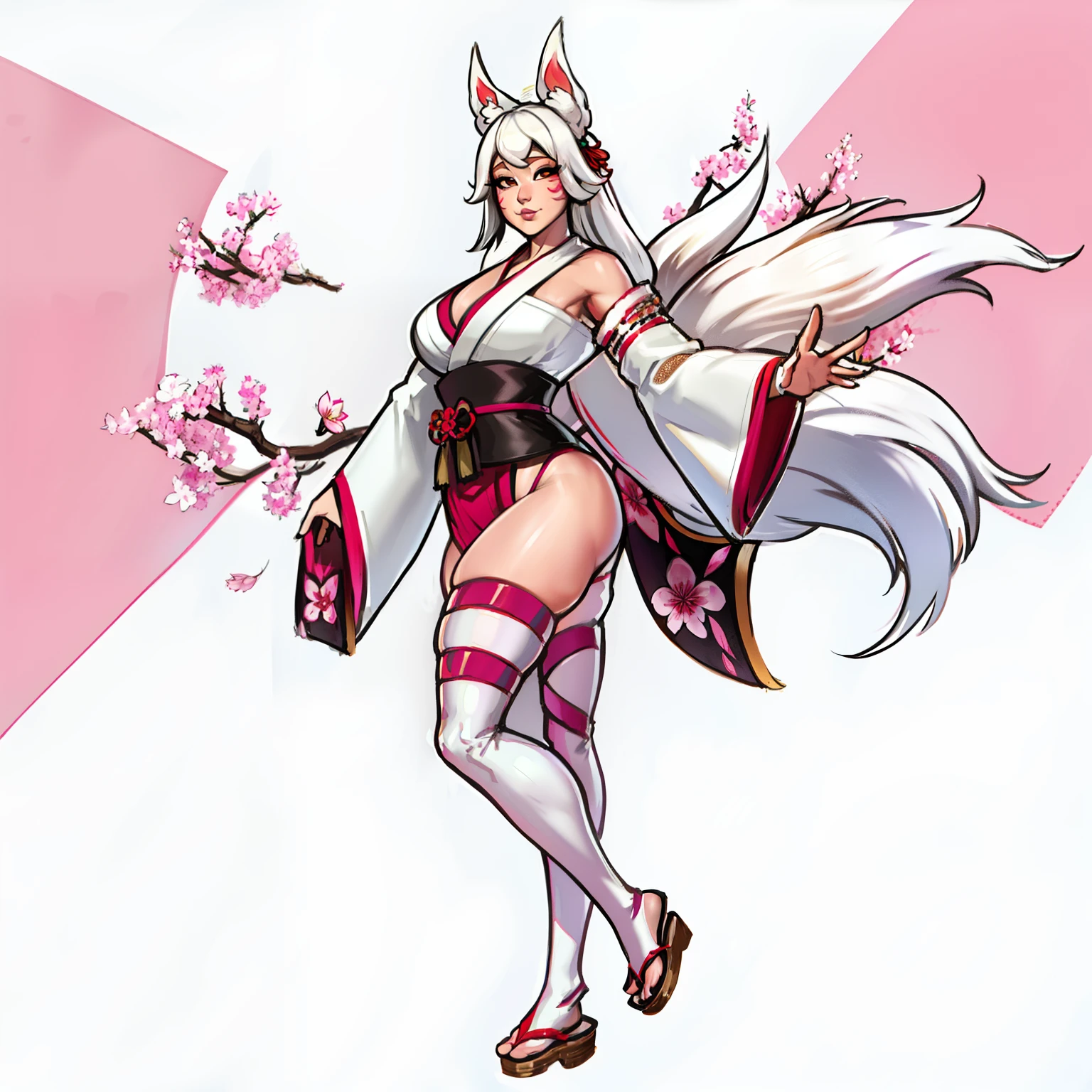 Curvy white haired 9 tailed kitsune wearing fur lined robe and cherry blossom kimono, wearing thigh high fishnets (ALONE)(SOLO), alone, solo