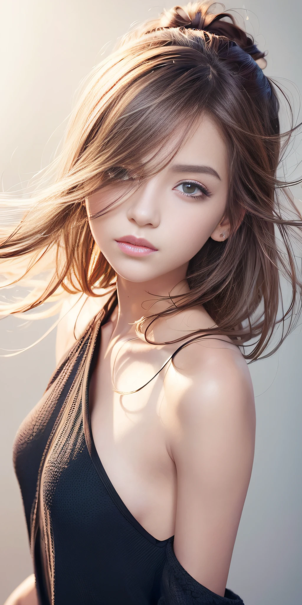 (masterpiece), (best quality), (ultra detailed), (disheveled hair), (illustration), (1 girl), (fashionable clothes), standing, fashion model, looking at the viewer, (interview), (simple background), beautiful detailed eyes, beautiful delicate face, floating, (high saturation), (splashes of colors), color bubble, (bright), focus on face,