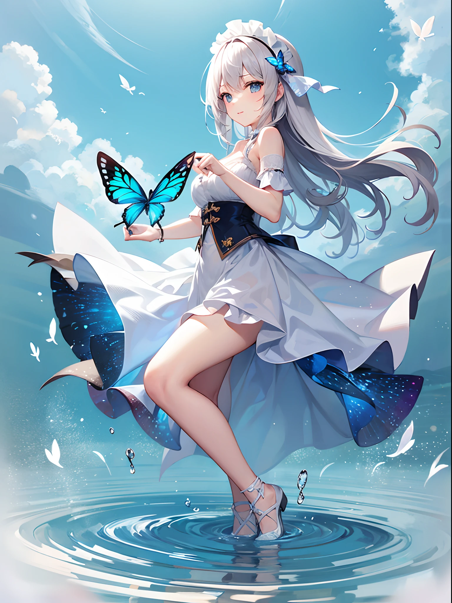 1 girl, Transparent water, Blue butterfly, Pure white gauze skirt, glinting