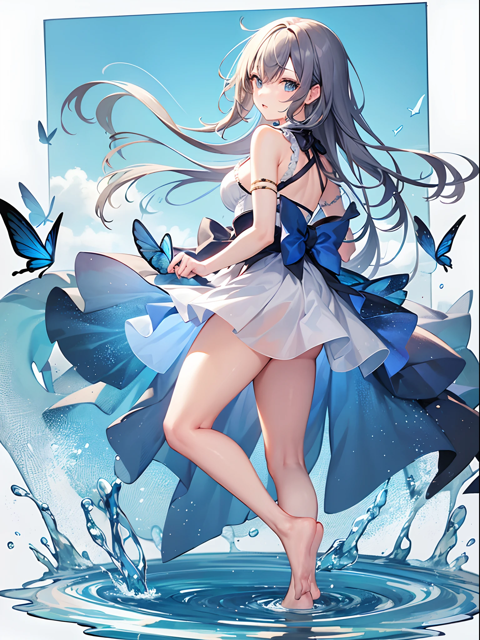 1 girl, Transparent water, Blue butterfly, Pure white gauze skirt, glinting