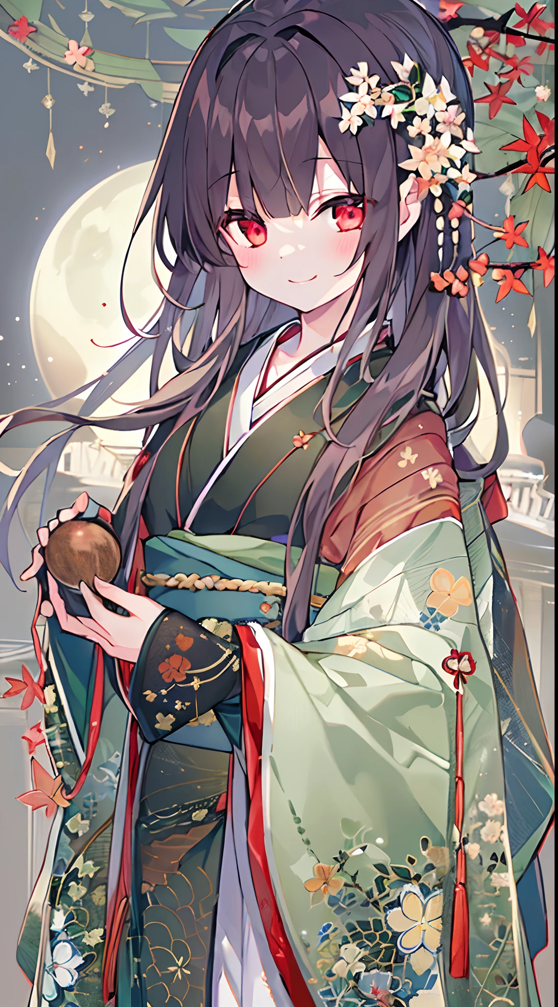 (top-quality:1.5), (​masterpiece:1.5)、Beautiful girl alone、cute little、Pale atmosphere、18year old、Medium chest、(A smile)、(Red Eyes)、(A dark-haired)、((Straight hair))、(Medium Hair)、(Blunt bangs)、High-class kanzashi、(Elegant atmosphere)、haori、(Green furisode:1.5)、Red floral pattern、Long sleeves、Big Full Moon、Against the background of the night sky、(darkness:1.5)、takeout、Colored leaves、momiji、FULL BODYSHOT、
