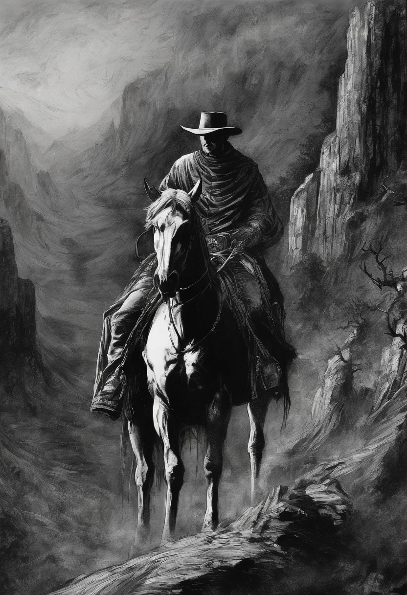 homem cowboy sentado no cavalo, panoramic view from above, Aerial view, preto e branco,tons de cinza,Graycale, monocromatic, estilo John Buscema, arte TEX,
