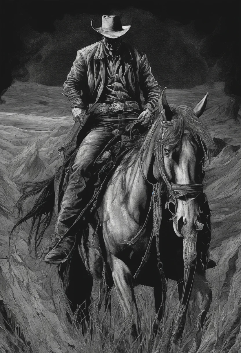 homem cowboy sentado no cavalo, panoramic view from above, Aerial view, preto e branco,tons de cinza,Graycale, monocromatic, estilo John Buscema, arte TEX,