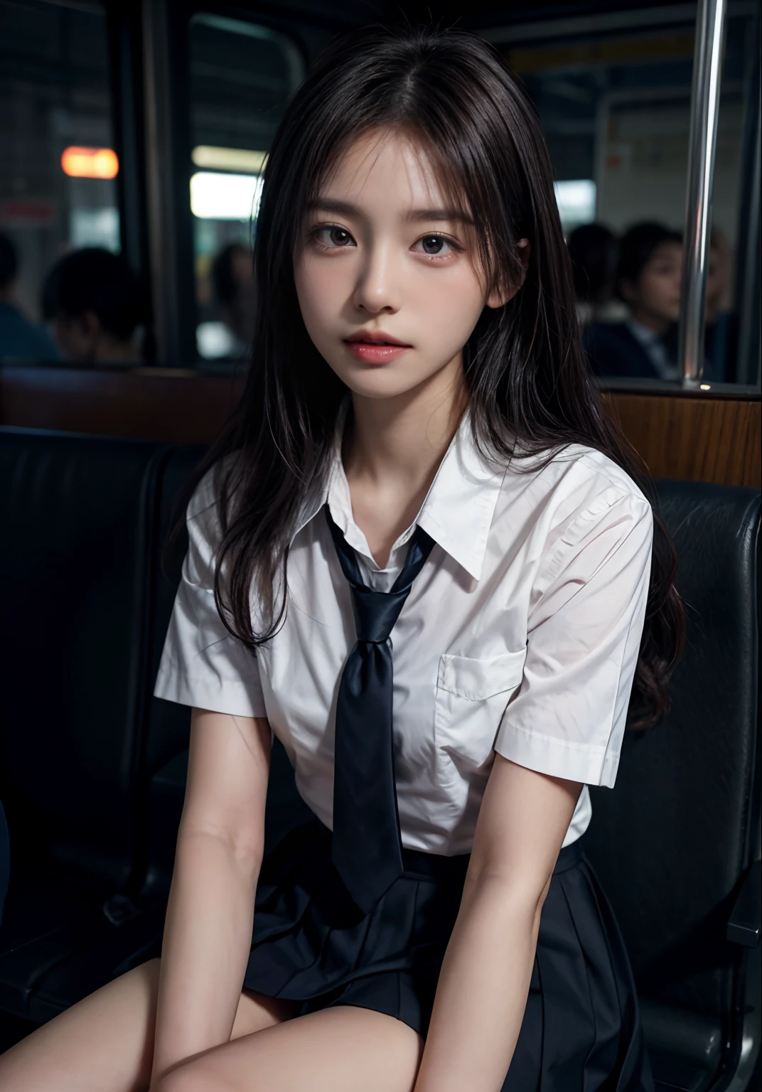 Low angle shot,arafed asian woman in a short skirt and bow tie sitting on a train, cute schoolgirl, japanese girl school uniform, wearing japanese school uniform, japanese school uniform, a hyperrealistic schoolgirl, dressed as schoolgirl, hyperrealistic schoolgirl, wearing school uniform, realistic schoolgirl, girl wearing uniform, wearing a school uniform, of a schoolgirl posing, full body, nice skin, glowing skin, nice thighs,glowing thigh, glowing legs