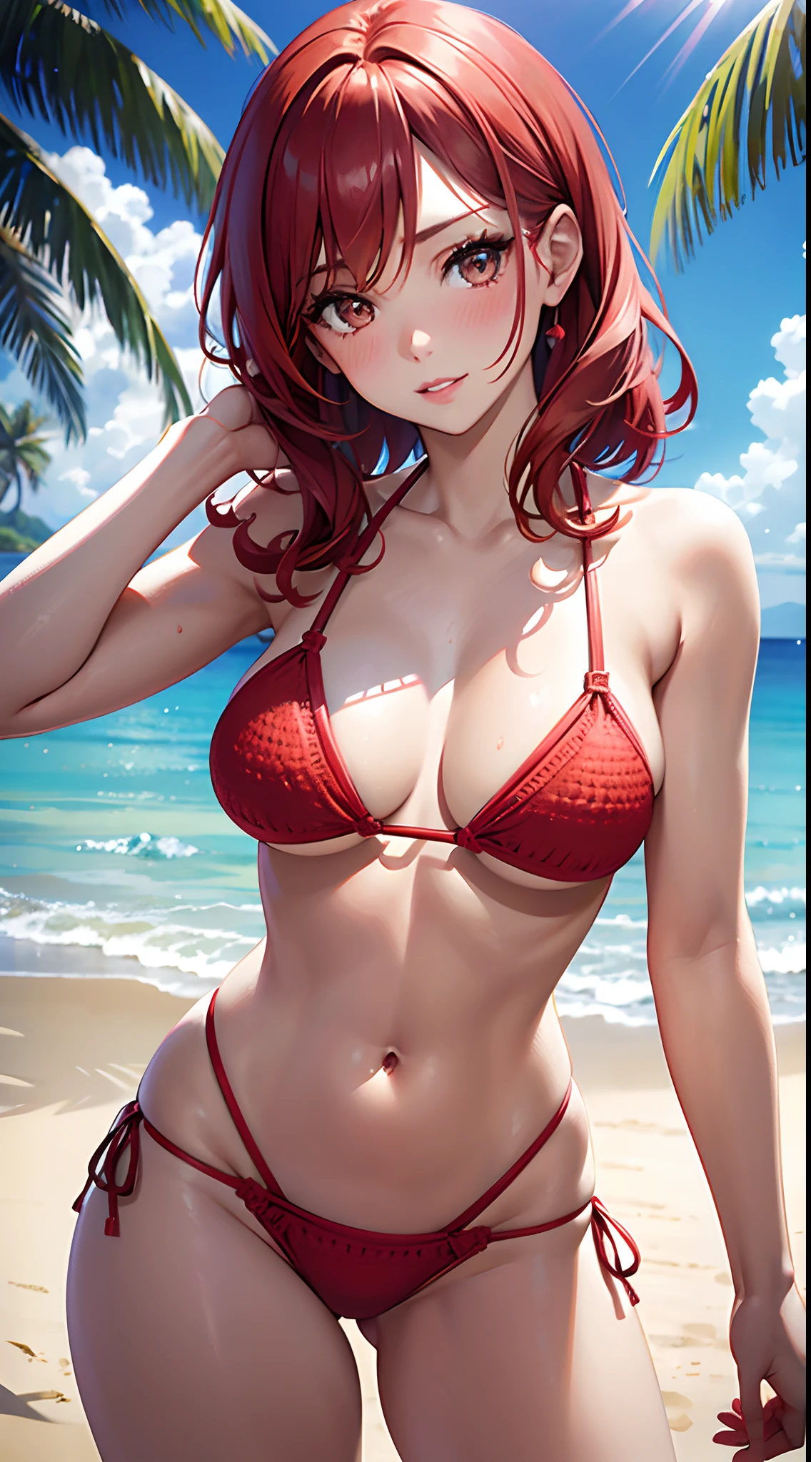 realistic, 1girl, bright red hair, amber eyes, parted lips, blush, makeup, light smile, bikini, beach, light rays, glow, thighs, collarbone, narrow waist, (masterpiece), wallpaper, full frontal shot, zoomed in, red crocheted bikinis