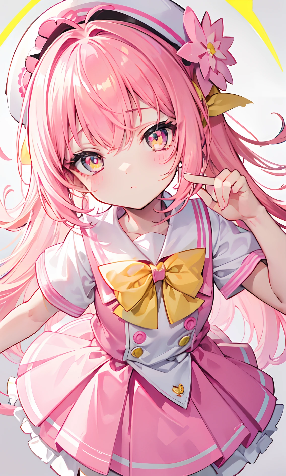 Glowing light pink yellow with hair and pupils,They are also fluorescent,A school uniform in a glowing pink, yellow and white color,Very tender and shiny face,It also fluoresces,The whole is shining,It's a sweet li girl