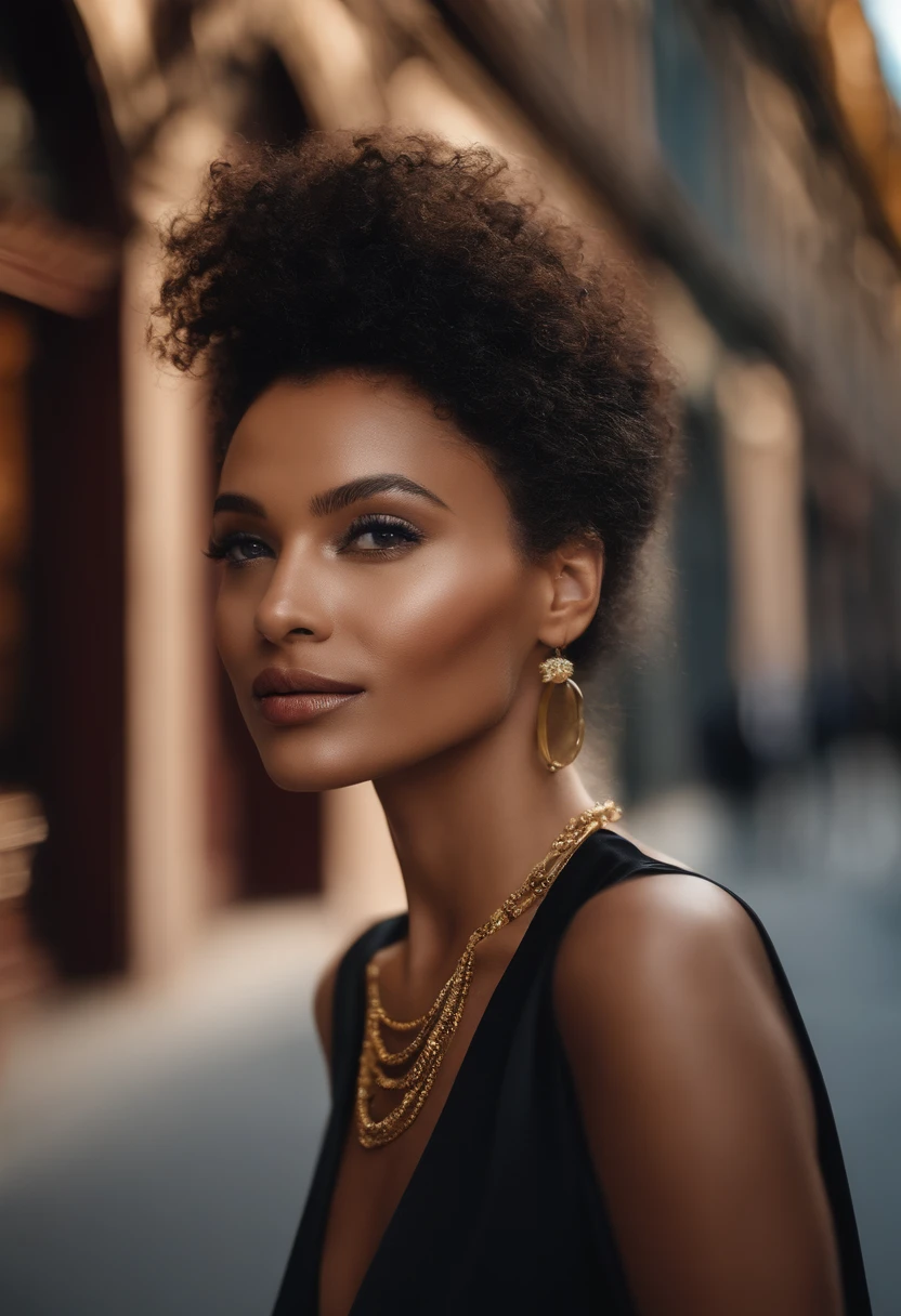 (Masterpiece, Best quality), beautiful woman, Detailed top with sleeveless turtleneck, pantalon, collier, curly hair, visage parfait, beau visage, Attirant, De grands yeux magnifiques, ouvrir bouche, content, Corps slim fit parfait, (outdoor), Rues de la ville, New York, couleurs vives