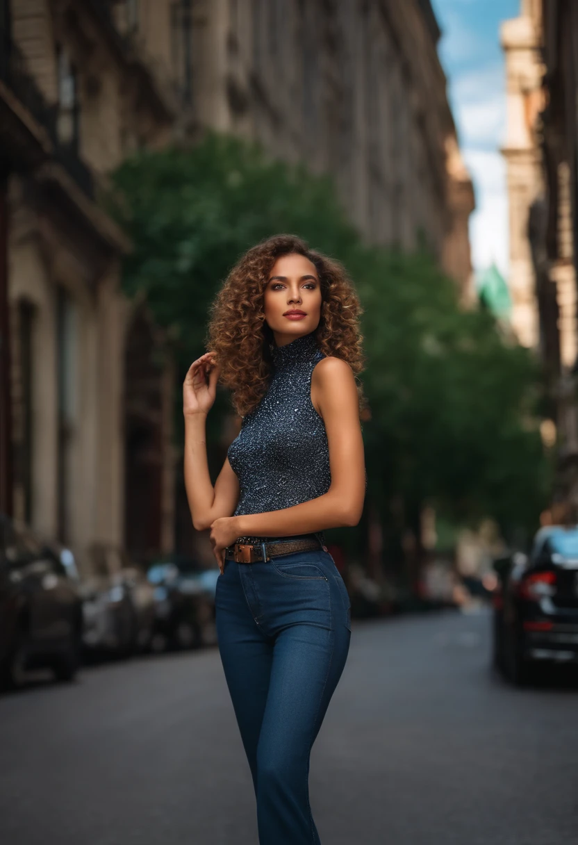 (Masterpiece, Best quality), beautiful woman, Detailed top with sleeveless turtleneck, pantalon, collier, curly hair, visage parfait, beau visage, Attirant, De grands yeux magnifiques, ouvrir bouche, content, Corps slim fit parfait, (outdoor), Rues de la ville, New York, couleurs vives