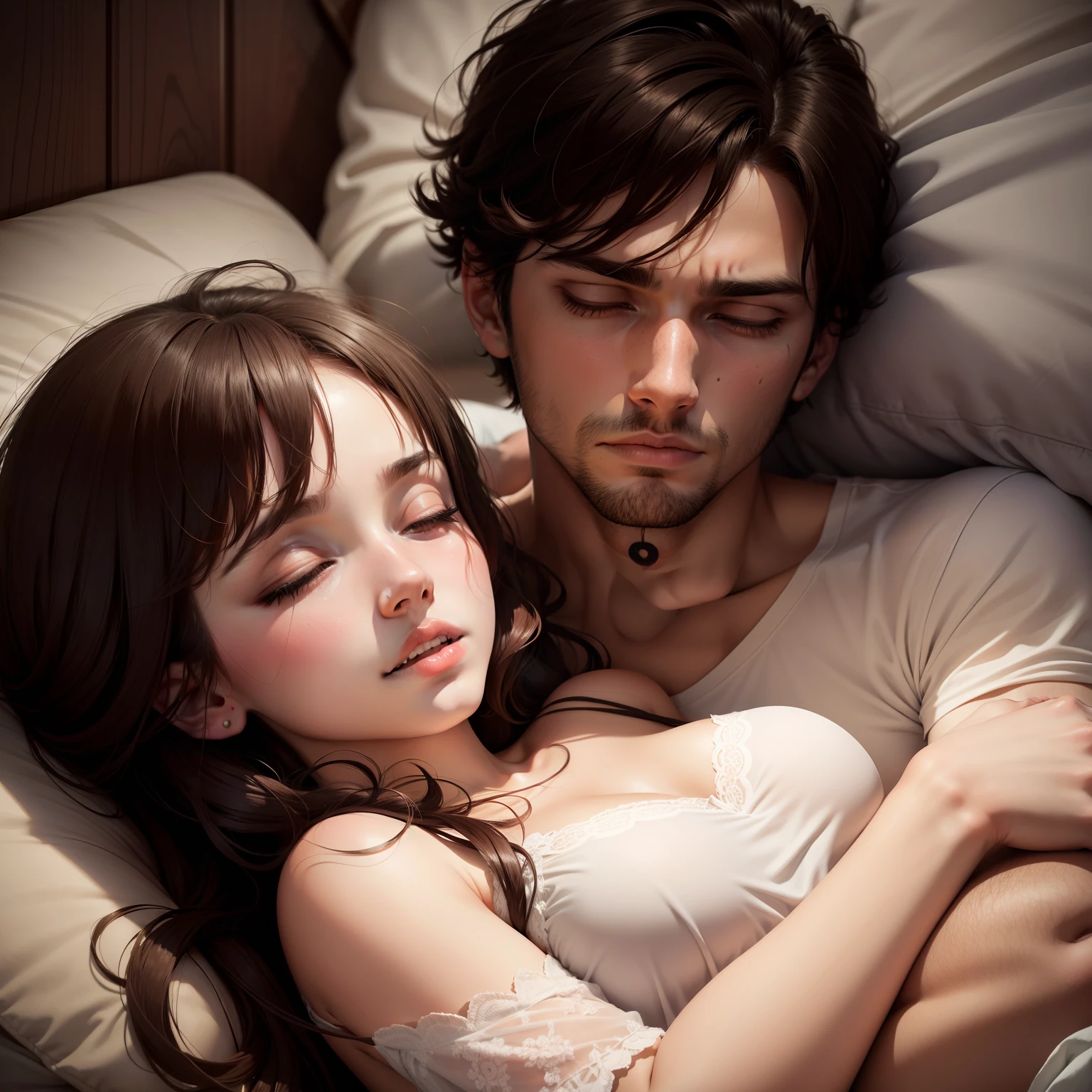 create for me a couple of man and woman sleeping hugging each other in a bed