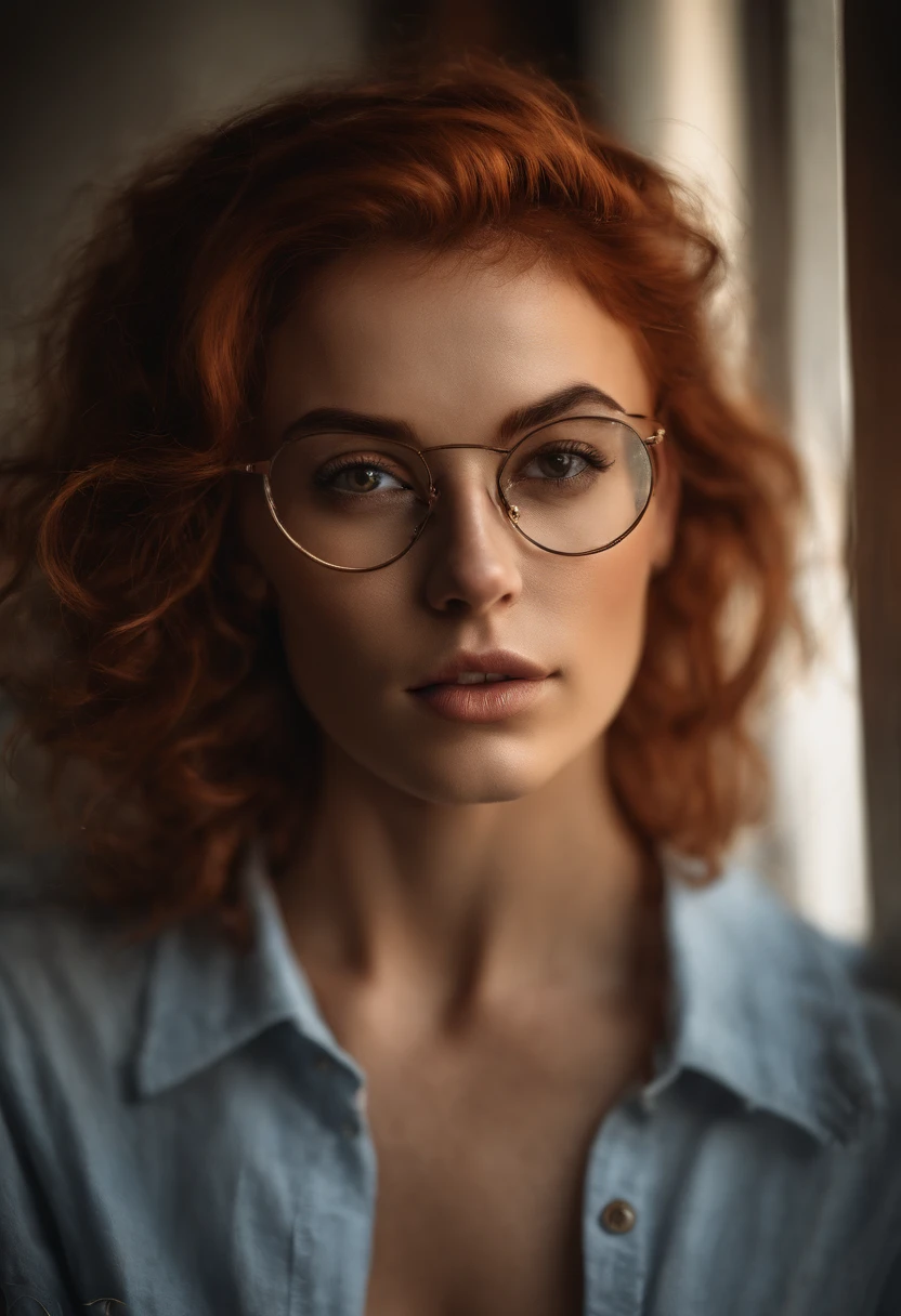 Highest Quality, masterpiece, (Split lighting photography), Highly detailed photo, of (attractive turk 25 years old lady with Luxuriant red hair), portrait, perfect face, brown eyes, (wearing shirt and bloomers:1.2), (highly detailed skin), freckles, (tattoos:0.6), skinny pale body, rounded glasses, (key light:0.4), split lighting portrait, medium depth of field, photographed on a Canon EOS R5, 100mm lens, F/4 aperture, (hyperdetailed, intricate details), sharp focus, 8k, absurdres, 8mm film grain whole body