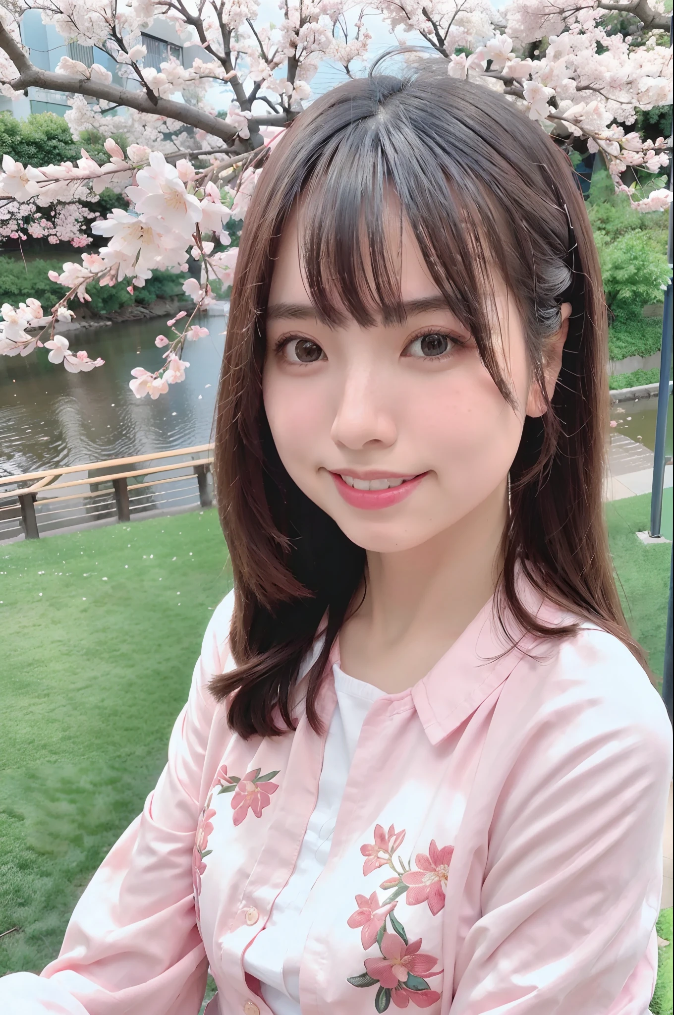 best quality, ultra high res, (photorealistic:1.4),blush,cute,(detailed face),light smile, 
looking at viewer,
upper body, japanese clothes, 
sunny,river,(cherry blossoms),blue sky,