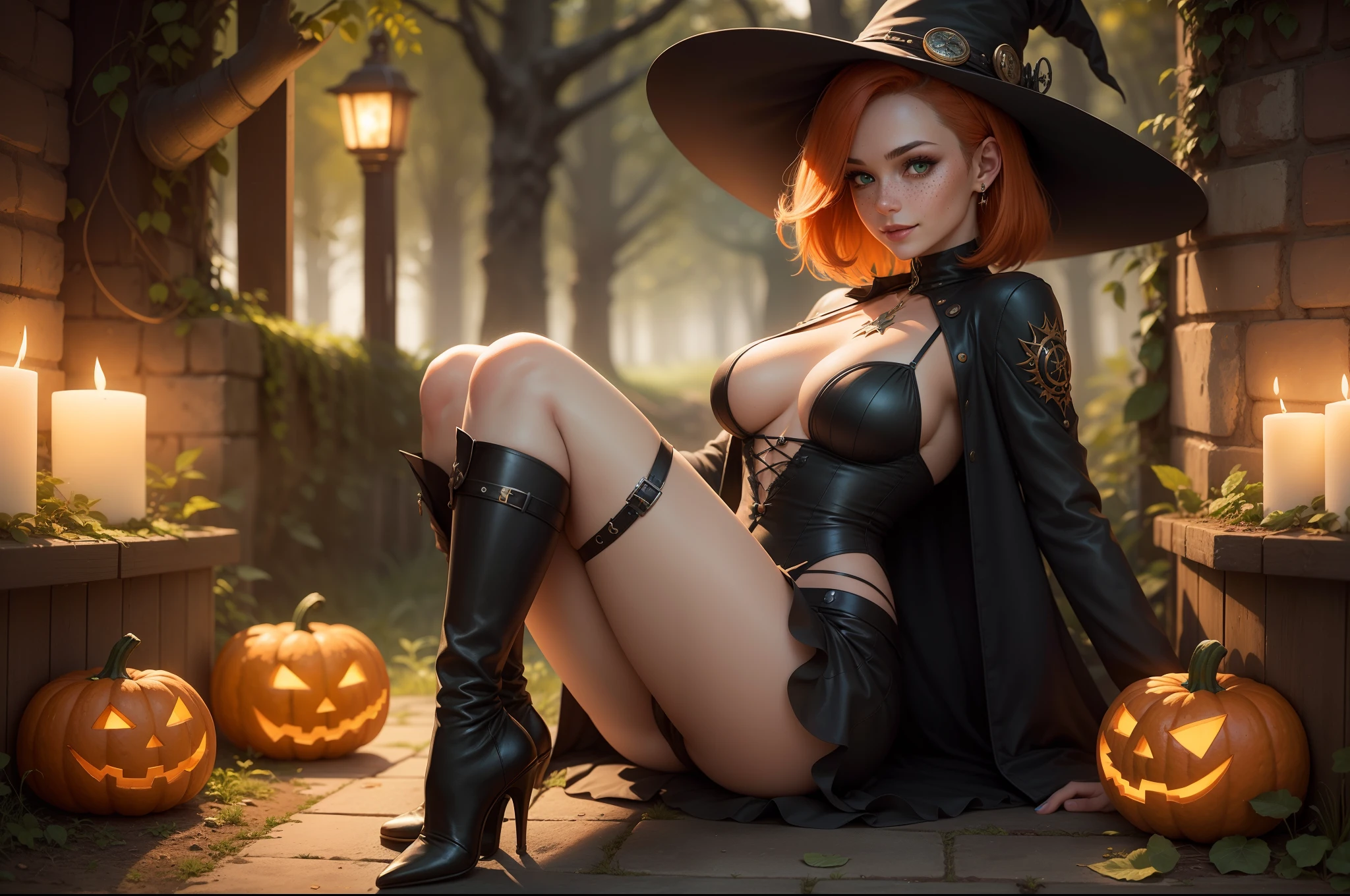 gwen tennyson,tracer,bulma,rebecca chambers,nier automata,solo girl,close up, moonlight,witch costume,gold neck jewelry,body tattoos,short hair, witch hat,long sleeve top,gothic dress,magic spell,pumpkin village, witch cape,halloween forest,witch amulets,glowing cauldron,gothic piercings,green eyes,orange hair,shy smile,freckles,redhead,beautiful girl, large breasts,thigh high boots,ultra detailed,realistic,fantasy art,