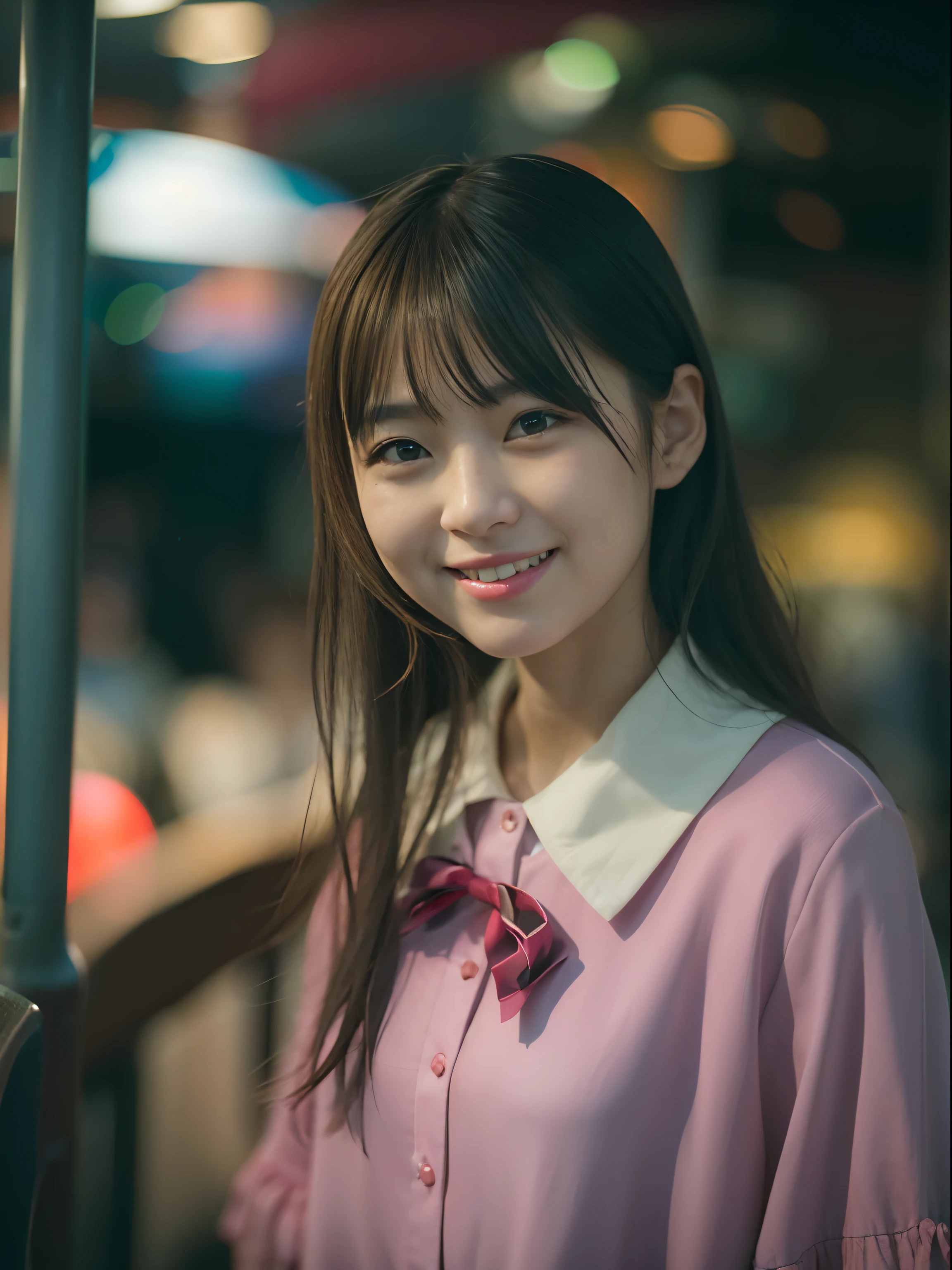 Woman Standing On The Side Of The Street、Young Asian Woman、a photography of a beautiful woman、Japan Person Model、beautiful young woman with、60mm portrait、Color photo portrait 4k、Soft portrait shots 8k、17 year old girl、Happy smile、(8K、Raw photography、top-quality、​masterpiece:1.2)、(realisitic、Photorealsitic:1.37)、ultra-detailliert、
1 girl in、cute little、独奏、Beautiful detailed sky、Detailed Cafe、natta、Standing、date、(blush of the nose)、(A smile:1.1)、(Mouth closed)、tiny chest、seducting smile、Night amusement park、merry-go-round、profetional lighting、Sony A7R4、Zessie 50mm f1.8、
medium breasts⁩、Beautiful Detail Eye、(shirt with collar:1.1)、a bow tie、pleatedskirt、(short-hair:1.2)、Floating hair、Happy smile、Happy smile、17 year old girl