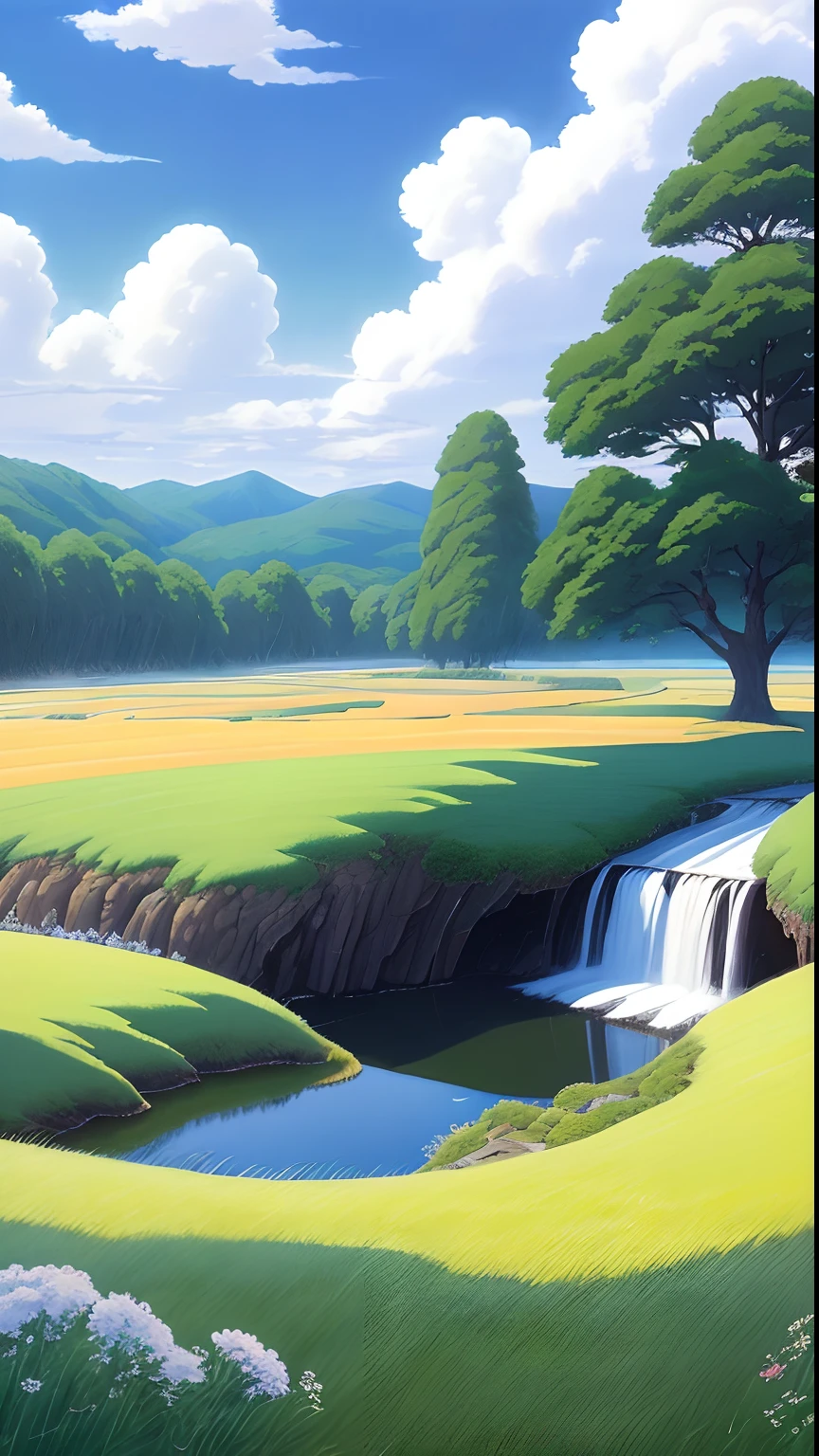 Realistic, authentic, beautiful and amazing landscape oil painting Studio Ghibli Hayao Miyazaki&#39;s petal grassland with blue sky and white clouds --v6