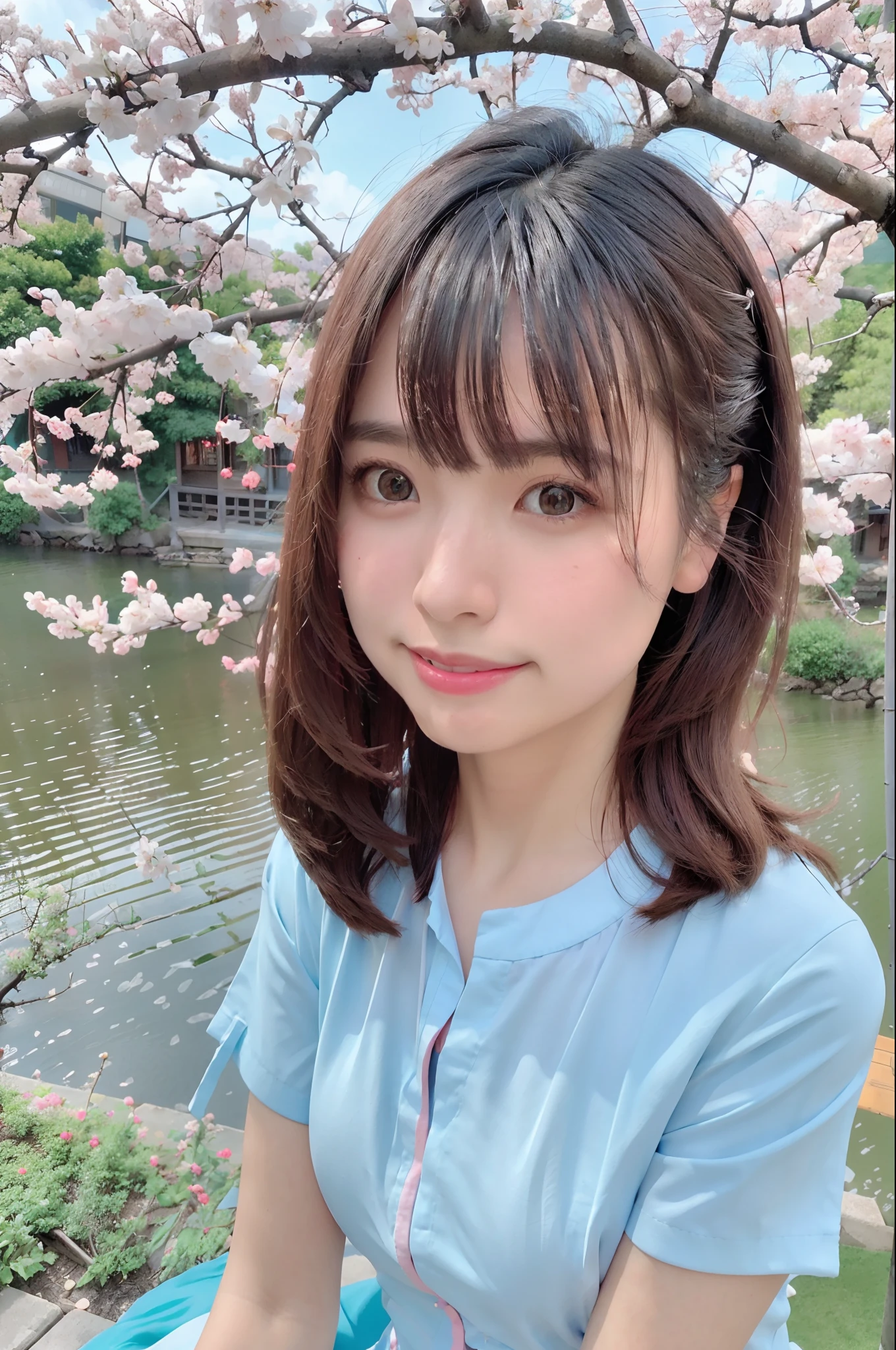 best quality, ultra high res, (photorealistic:1.4),blush,cute,(detailed face),light smile, 
looking at viewer,
upper body, japanese clothes, 
sunny,river,(cherry blossoms),blue sky,