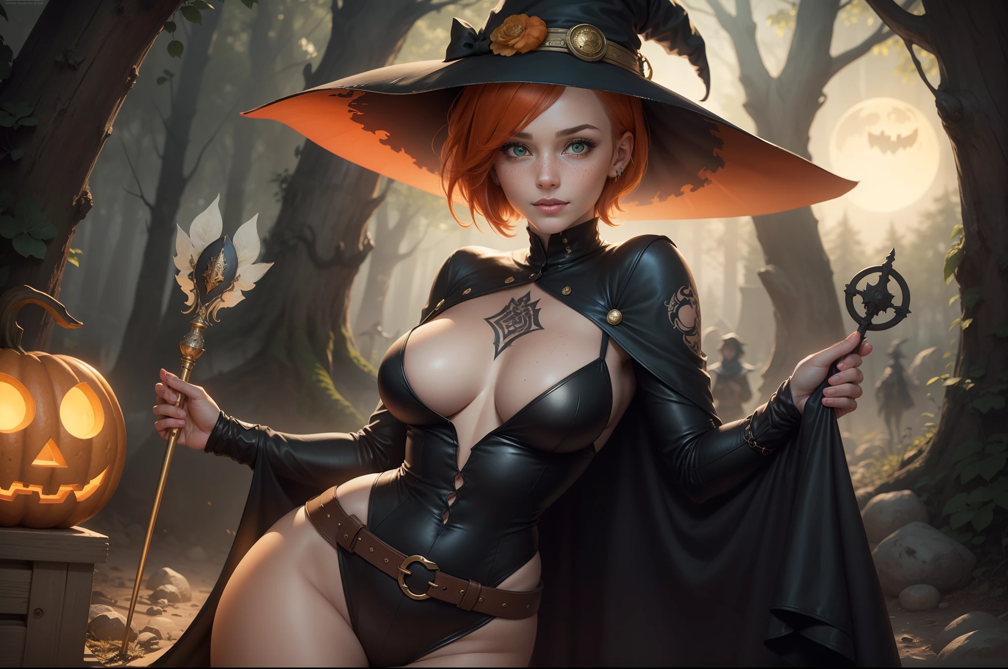 gwen tennyson,tracer,bulma,rebecca chambers,nier automata,solo girl,close up, moonlight,witch costume,gold neck jewelry,body tattoos,short hair, witch hat,long sleeve top,gothic dress,holding a wand,pumpkin village, witch cape,halloween forest,witch amulets,glowing cauldron,gothic piercings,green eyes,orange hair,shy smile,freckles,redhead,beautiful girl, large breasts,thigh high boots,ultra detailed,realistic,fantasy art,