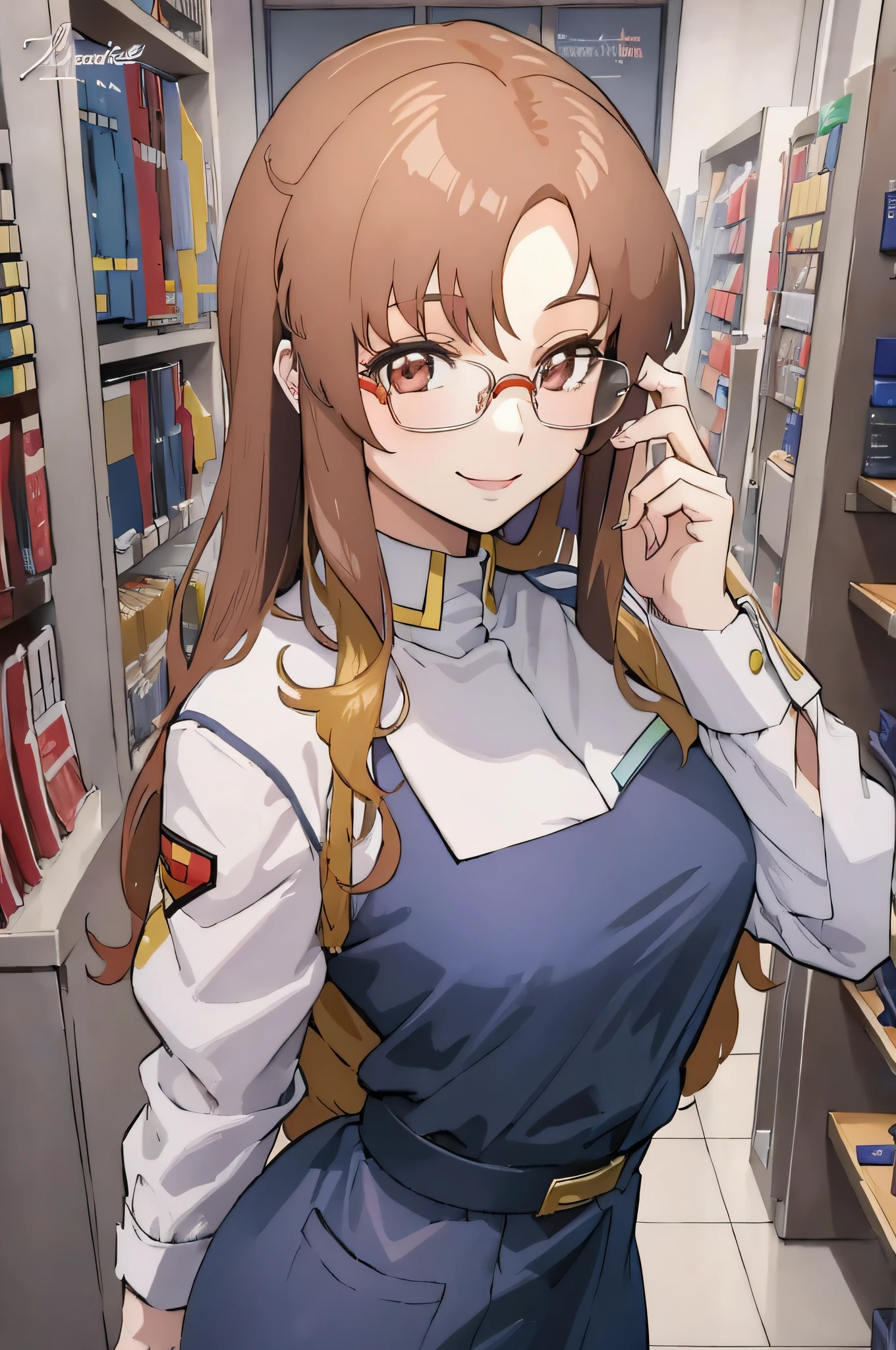 (masterpiece, best quality, detailed) ,1girl,ramius1,glasses ,in a dress posing in a store, anime moe artstyle, ecchi anime style, seductive anime girl.teasing smile, clean detailed anime art,high resolution, (perfect hands, perfect anatomy),