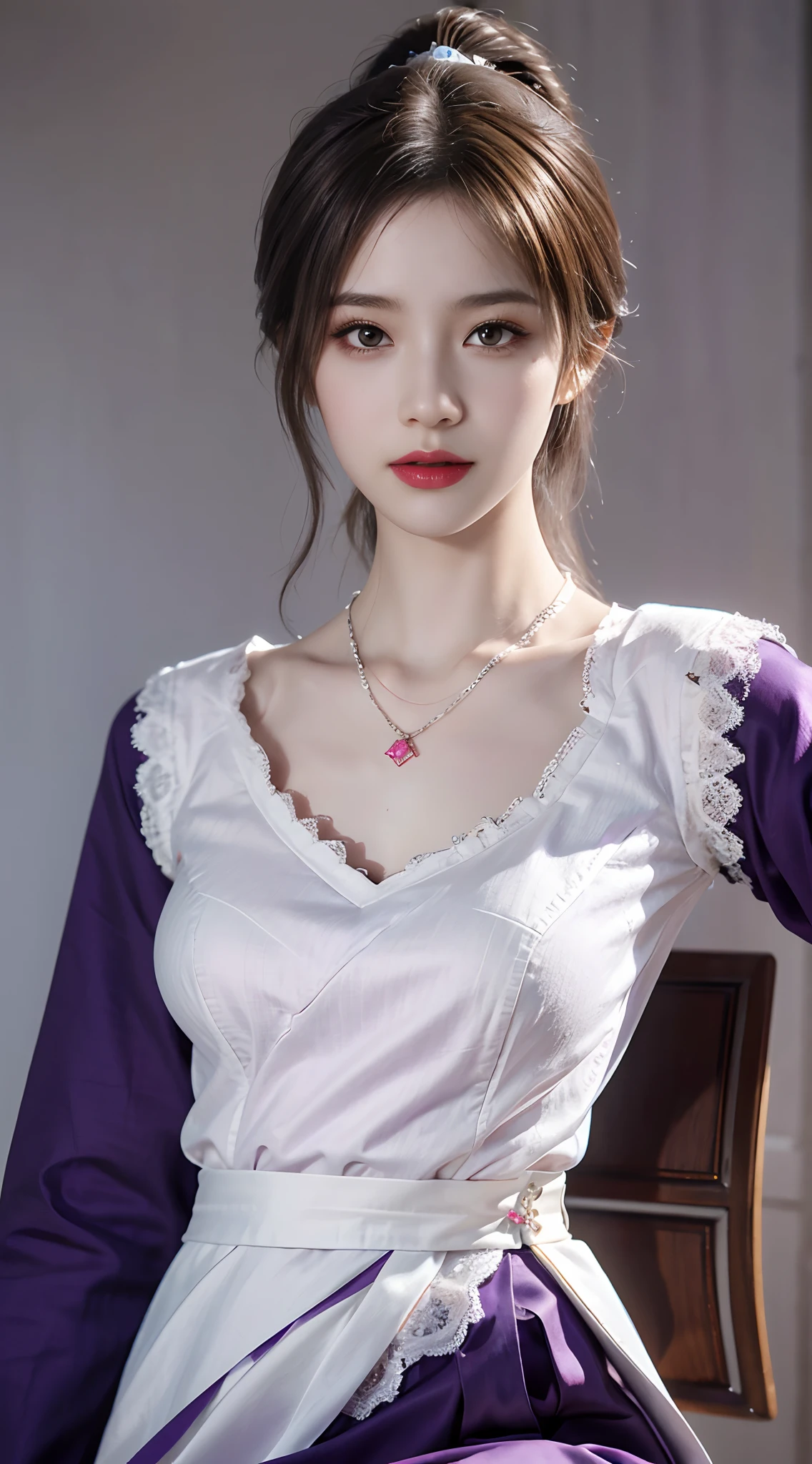 1 beautiful girl in Han costume, Thin purple silk shirt，white colors，The texture is diverse, white lace top, long platinum purple ponytail, hair adornments, ear jewelry, light purple rabbit ears, necklace and necklace, meticulously drawn large purple eyes, meticulous makeup, Thin eyebrows, High nose, lovely red lips, Without smiling, pursed lips, rosycheeks, Wide breasts, Big breasts , well-proportioned bust, Slim waist, purple mesh socks, chinese hanfu style, fictitious art textures, vivid and realistic colors, RAW photos, Realistic photos, ultra high quality 8k surreal photos, (effective fantasy light effect: 1.8), 10x pixel, Magic effects (Background): 1.8), Super detailed eyes, girl body portrait, Solo girl, ancient hanfu background,