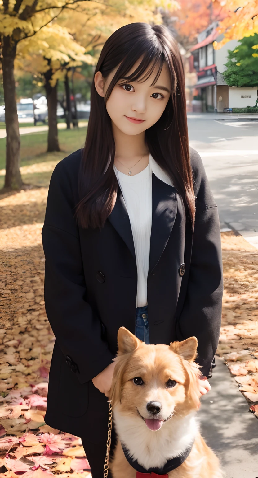 (top-quality、masterpiece:1.2)、Best Quality、realisitic、photoshot、hight resolution、1080p、8K、Textured skin、Physical Rendering、1 Japan Girls、High school students、kawaii、Young Face、Rolled hair、(Autumn outfit:1.5)、a park、Holding a small dog、full of shyness、smil、Big