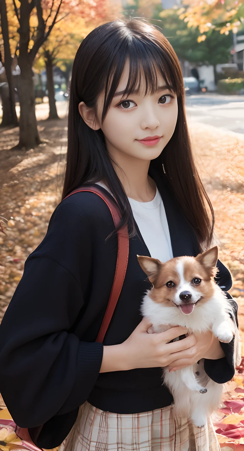(top-quality、masterpiece:1.2)、Best Quality、realisitic、photoshot、hight resolution、1080p、8K、Textured skin、Physical Rendering、1 Japan Girls、High school students、kawaii、Young Face、Rolled hair、(Autumn outfit:1.5)、a park、Holding a small dog、full of shyness、smil、Big