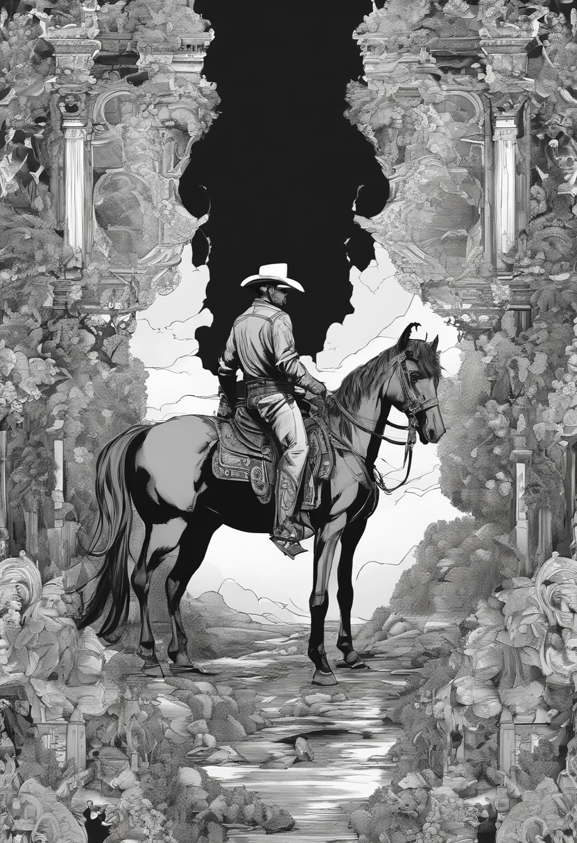 homem cowboy sentado no cavalo, panoramic view from above, Aerial view, preto e branco,tons de cinza,Graycale, monocromatic, estilo John Buscema, arte TEX,