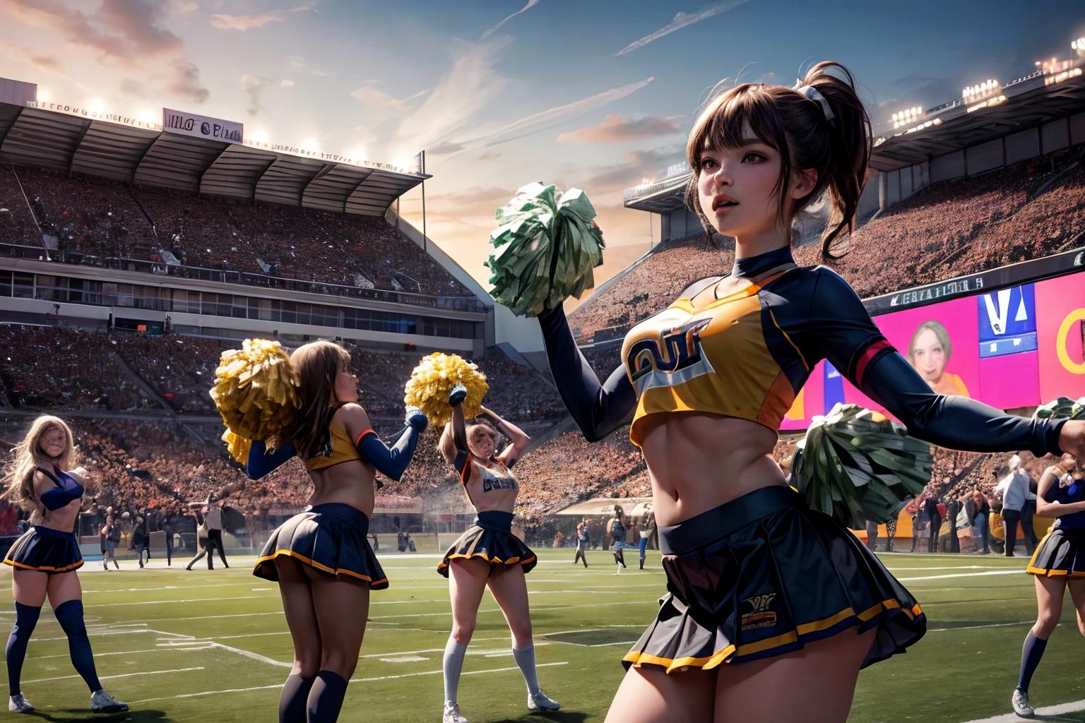 cheerleaders at a football game, crowd in the background, mooning, skirts, best quality, cinematic, best quality, 8k uhd, dslr, soft lighting, high quality, film grain, Fujifilm XT3