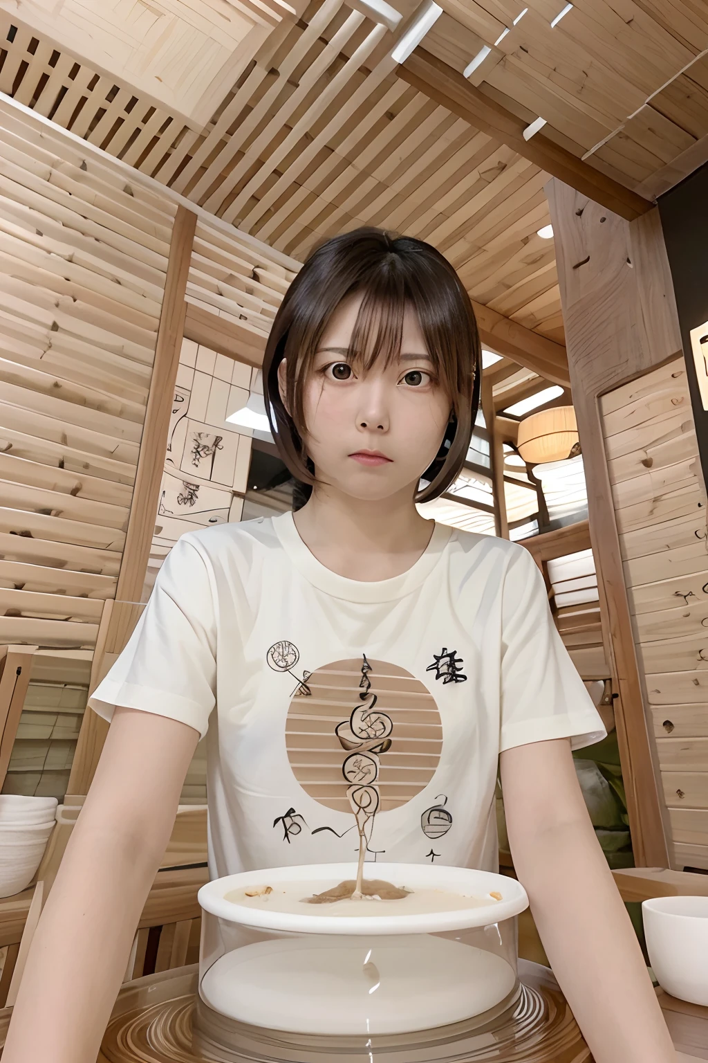 masutepiece, Best Quality, 1girl in, (a beauty girl, cosplayer:1.2), (:1.2), Very fine eye definition, (Symmetrical eyes:1.3), NSFW, (Onsen, , cover the body with steam:1.3), Beautiful breasts, Brown eyes, Parted bangs, Brown hair, Upper teeth