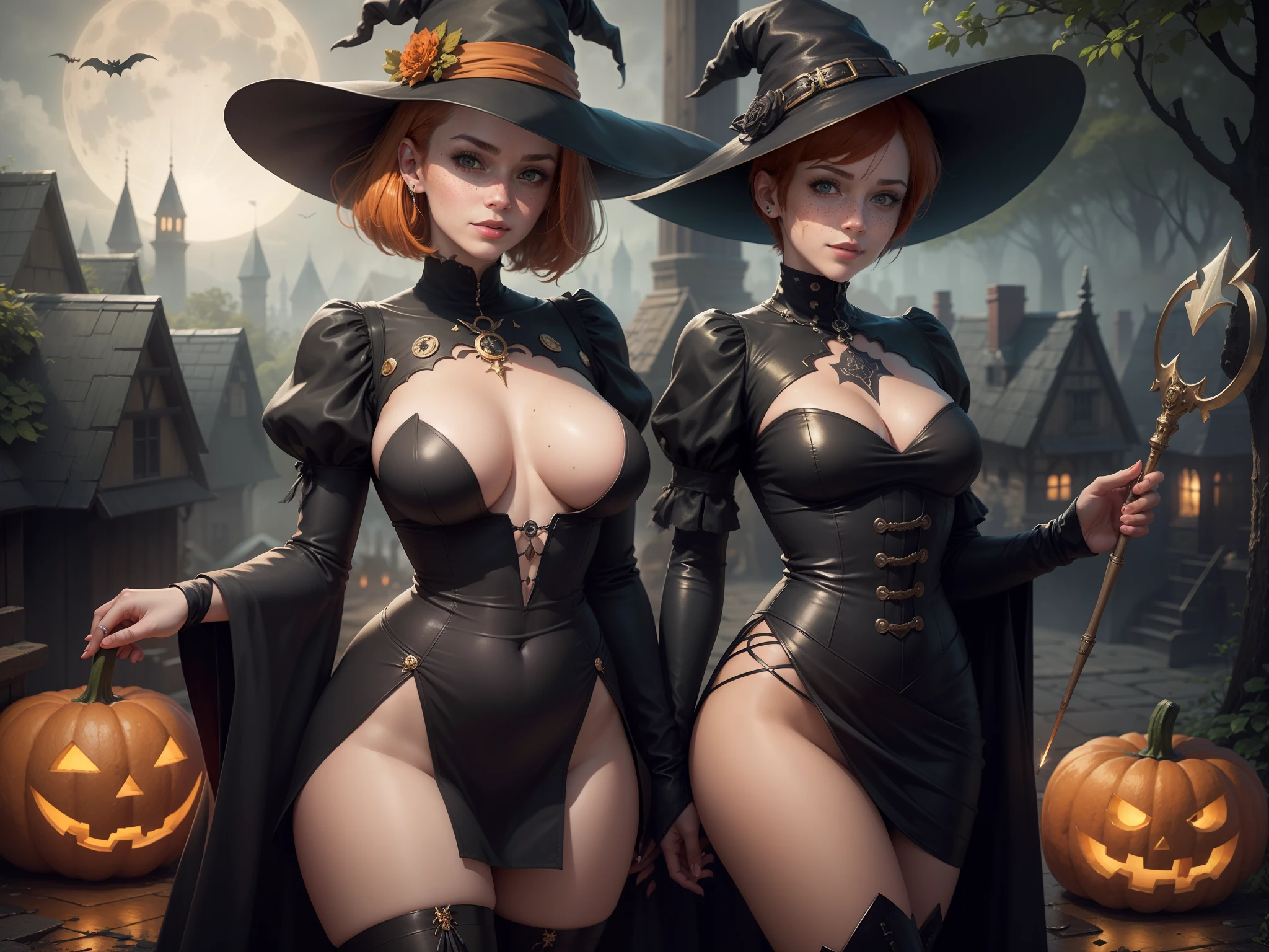 gwen tennyson,tracer,bulma,rebecca chambers,nier automata,solo girl,close up, moonlight,witch costume,gold neck jewelry,body tattoos,short hair, witch hat,long sleeve top,gothic dress,holding a wand,pumpkin village, witch cape,halloween forest,witch amulets,glowing cauldron,gothic piercings,green eyes,orange hair,shy smile,freckles,redhead,beautiful girl, large breasts,thigh high boots,ultra detailed,realistic,fantasy art,