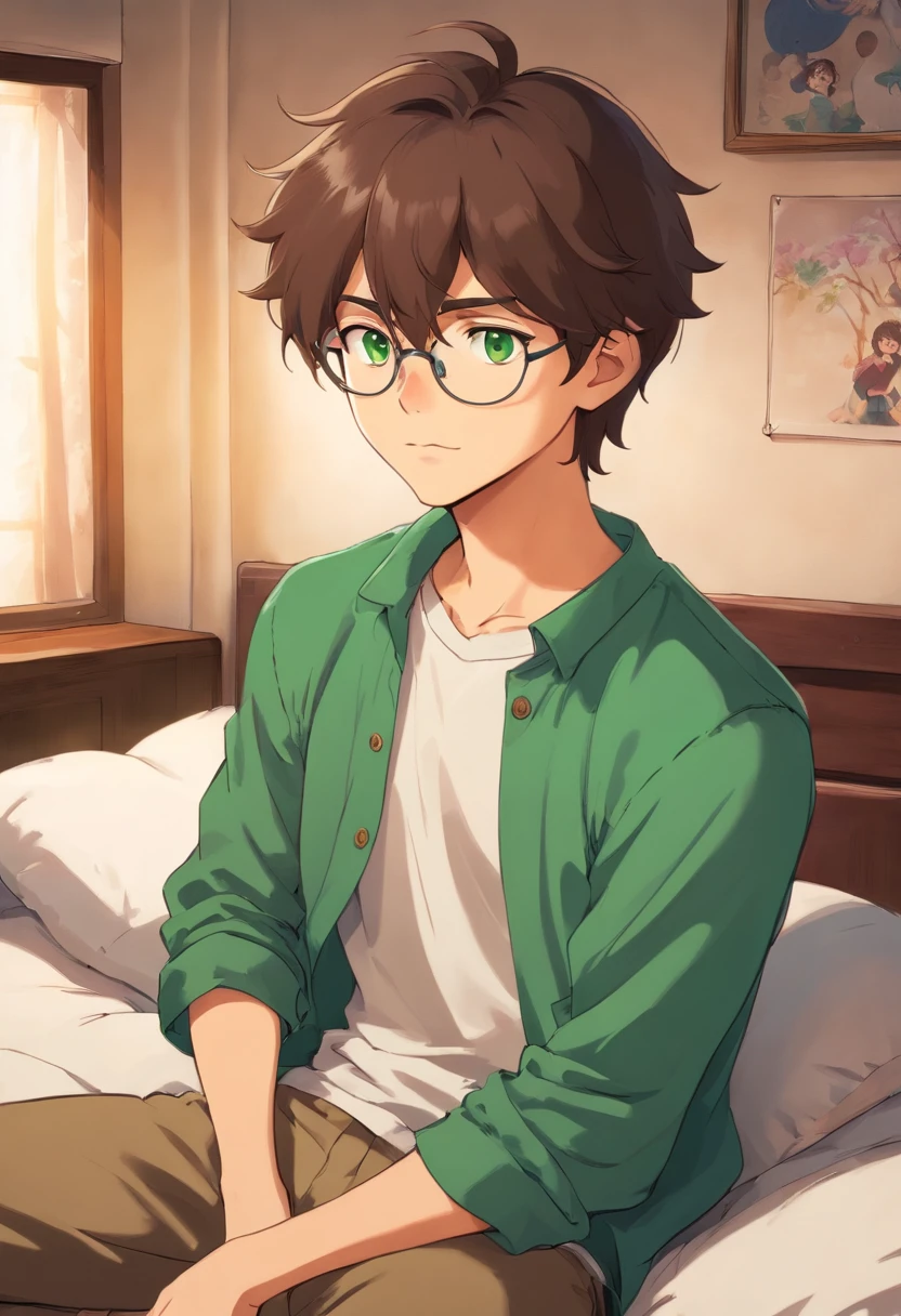 A young man in his 20's with brown hair and green eyes. Tanned skin, freckles, glasses. Fluffy dark brown hair, pierced ears. Strong looking. Wearing modern style clothes. In a bedroom. Shy expression. Masculine.