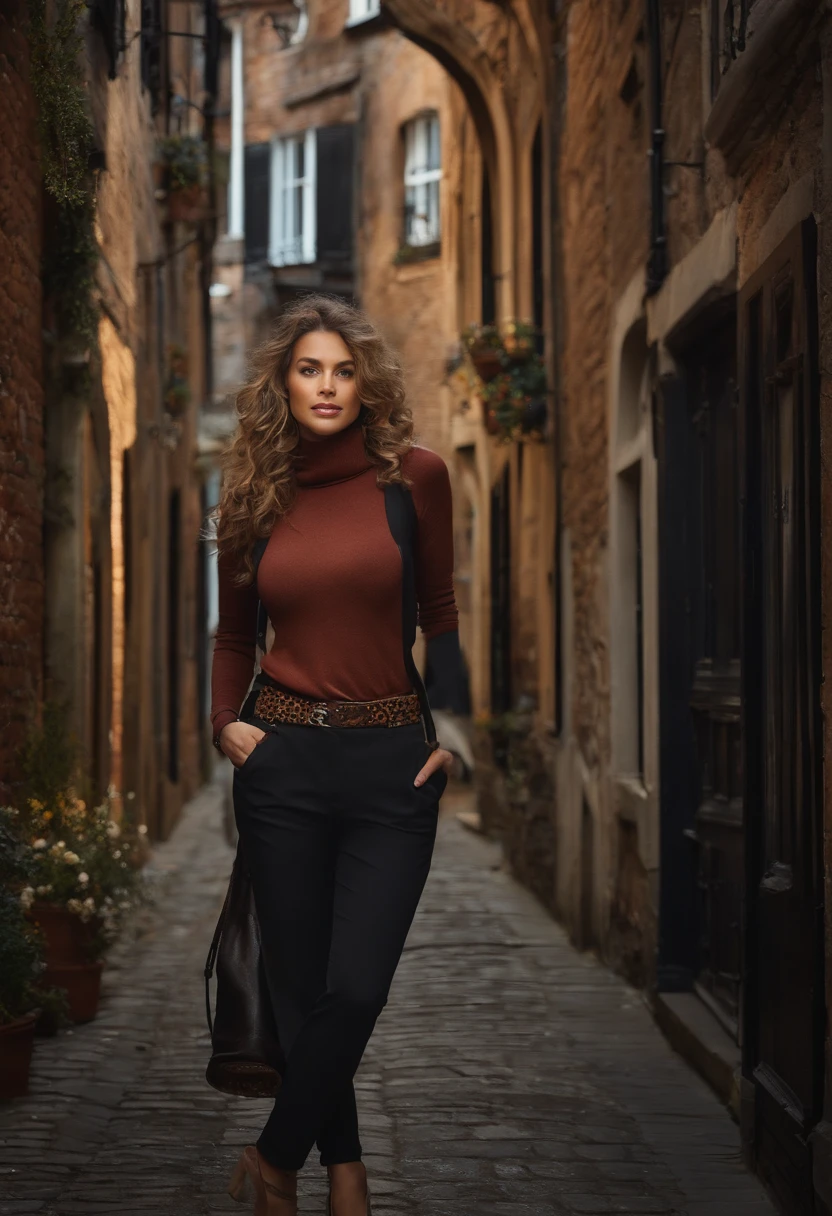 (Masterpiece, Best quality), beautiful woman, Detailed top with sleeveless turtleneck, pantalon, mineur, curly hair, visage parfait, beau visage, Attirant, De grands yeux magnifiques, ouvrir bouche, contenu, Corps slim fit parfait, (outdoor), Rues de la ville, New York, couleurs vives