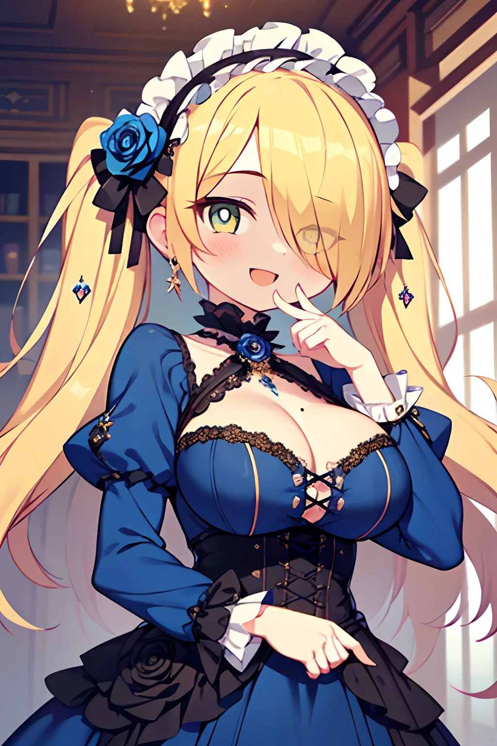 Highly detailed and realistic CG, Colorful, Masterpiece, game cg, Best Quality, magnificent, perfect face, perfect anatomy, intricate, jewel-like eyes, 1girl, solo, lemon yellow hair, long hair, twintails, (hair over one eye:1.3), lolita fashion, gothic dress, frill, long sleeves, (Blue rose headdress:1.2), blue clothes, huge breasts, sagging breasts, cleavage cut out, (mole on chest:0.9), jewel, (wicked smile:1.1), (blush:1.1), open mouth, , round face, from below, (amber eyes:1.3), put finger to mouth, from front, looking at viewer,