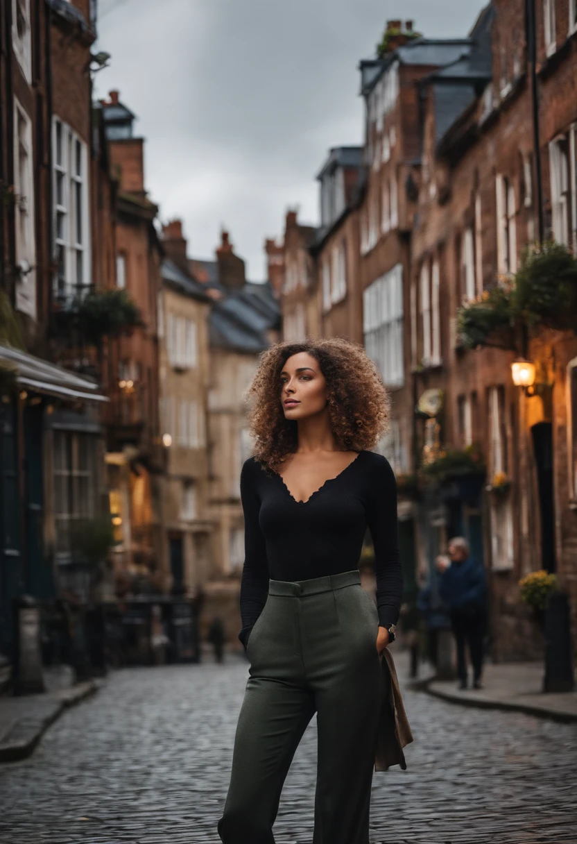 (Masterpiece, Best quality), beautiful woman, Detailed top with sleeveless turtleneck, pantalon, mineur, curly hair, visage parfait, beau visage, Attirant, De grands yeux magnifiques, ouvrir bouche, contenu, Corps slim fit parfait, (outdoor), Rues de la ville, New York, couleurs vives