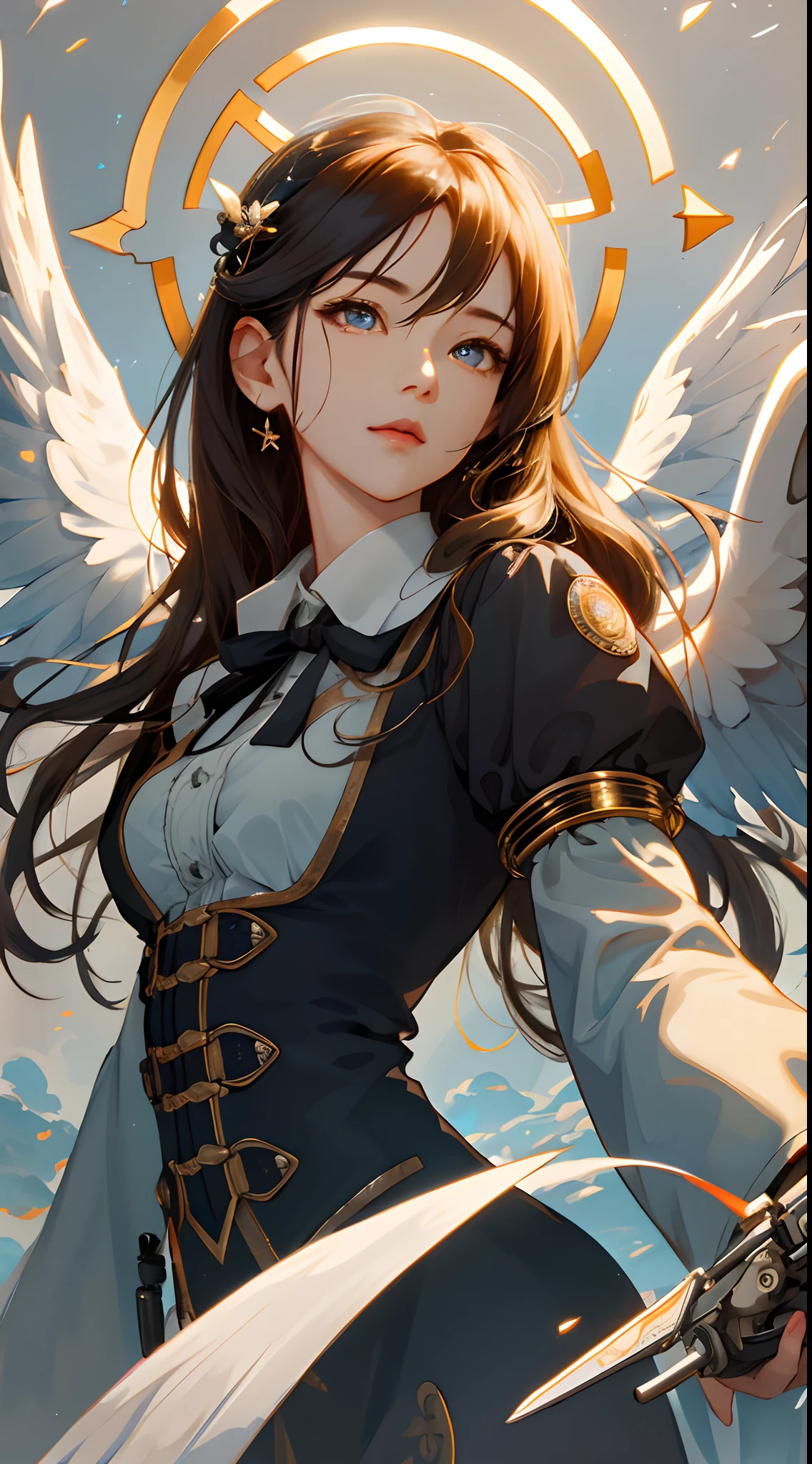 (medium to long shot)(With angel wings)1girll,The halo,high high quality,tmasterpiece,Delicate facial features,Delicate hair,Delicate eyes,Guviz-style artwork, guweiz masterpiece, Stylized anime, Angelic face, steampunk angel, , mechanical angel,(softlighting:1.2) (beautiful detailed face),(美丽细致的眼睛)Eyes shine, hair between eye,lusciouslips(half-body portrait)