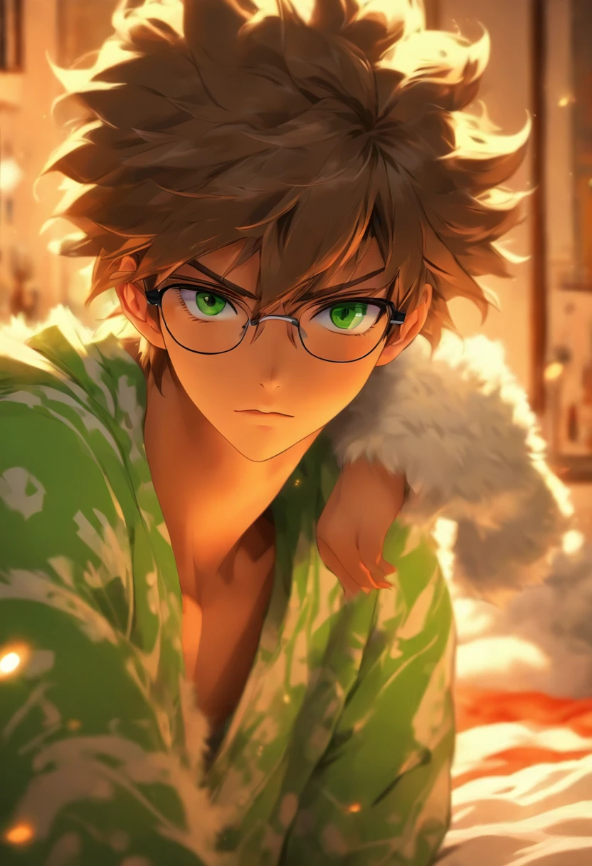A young man in his 20's with brown hair and green eyes. Tanned skin, freckles, glasses. Fluffy dark brown hair, pierced ears. Strong looking. Wearing modern style clothes. In a bedroom. Shy expression. Masculine.