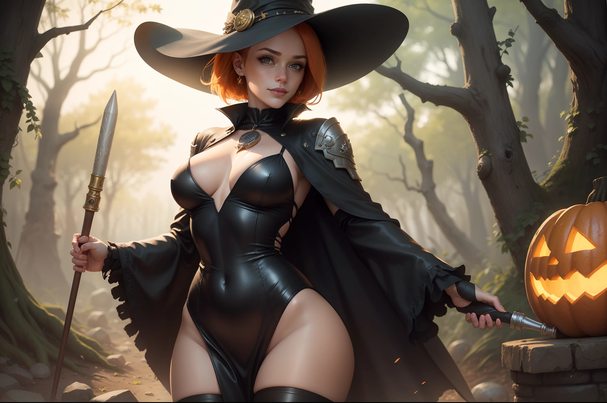 gwen tennyson,tracer,bulma,rebecca chambers,nier automata,solo girl,close up, moonlight,witch costume,gold neck jewelry,body tattoos,short hair, witch hat,long sleeve top,gothic dress,holding a wand,pumpkin village, witch cape,halloween forest,witch amulets,glowing cauldron,gothic piercings,green eyes,orange hair,shy smile,freckles,redhead,beautiful girl, large breasts,thigh high boots,ultra detailed,realistic,fantasy art,