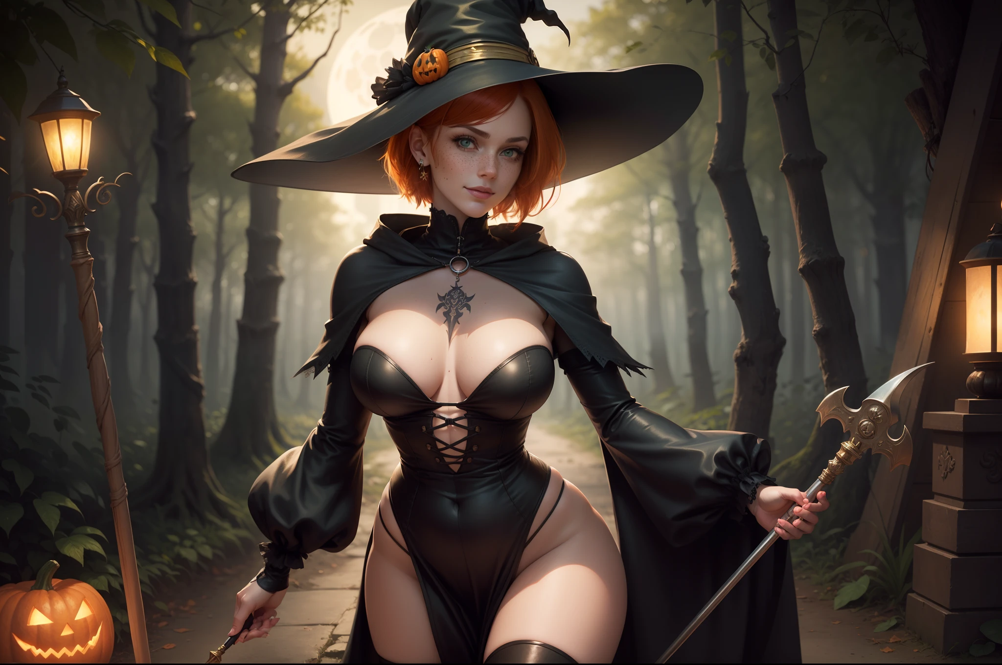 gwen tennyson,tracer,bulma,rebecca chambers,nier automata,solo girl,close up, moonlight,witch costume,gold neck jewelry,body tattoos,short hair, witch hat,long sleeve top,gothic dress,holding a wand,pumpkin village, witch cape,halloween forest,witch amulets,glowing cauldron,gothic piercings,green eyes,orange hair,shy smile,freckles,redhead,beautiful girl, large breasts,thigh high boots,ultra detailed,realistic,fantasy art,