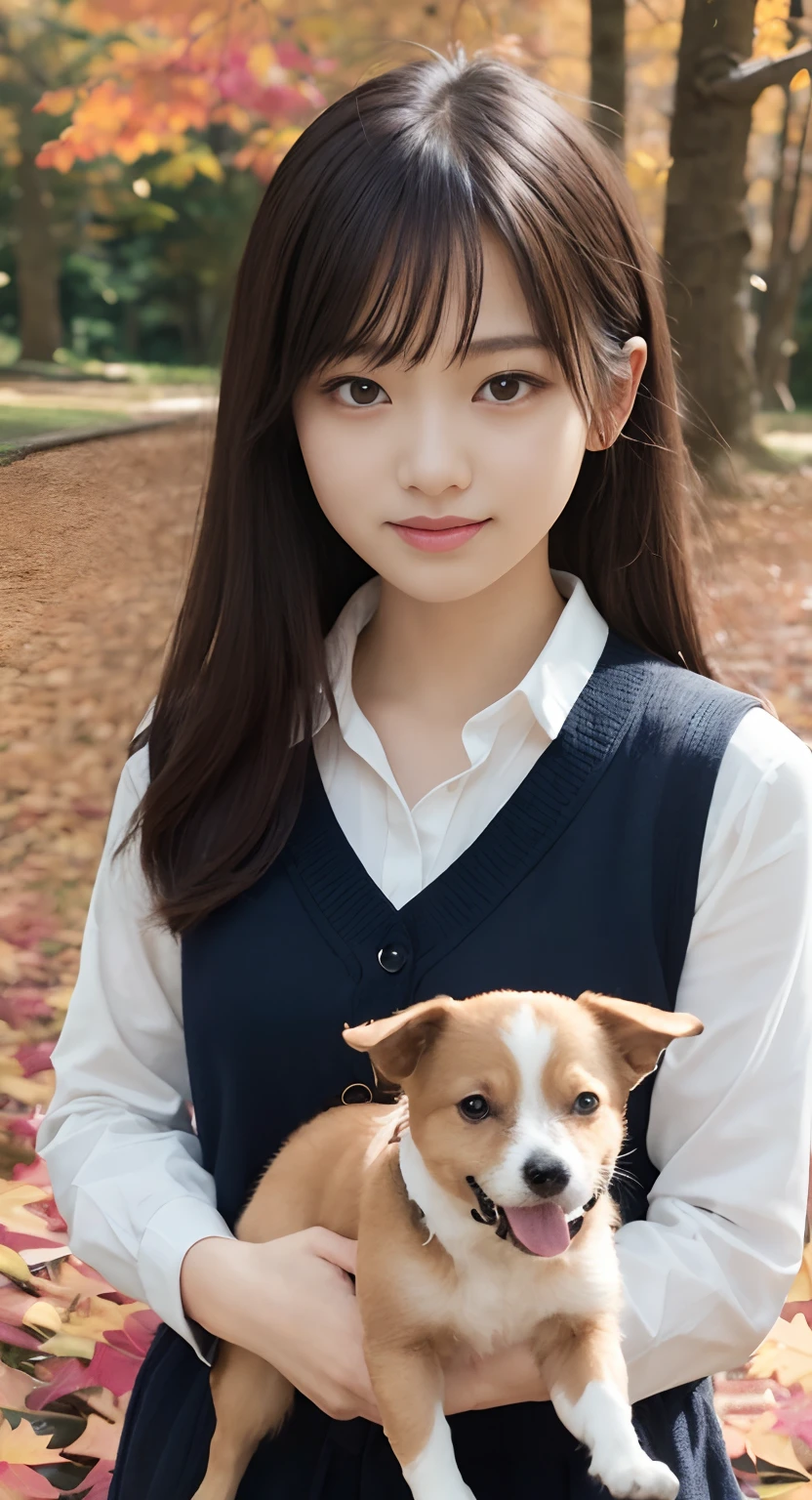 (top-quality、masterpiece:1.2)、Best Quality、realisitic、photoshot、hight resolution、1080p、8K、Textured skin、Physical Rendering、1 Japan Girls、High 、kawaii、Young Face、Rolled hair、(Autumn outfit:1.5)、a park、Holding a small dog、full of shyness、smil、Big